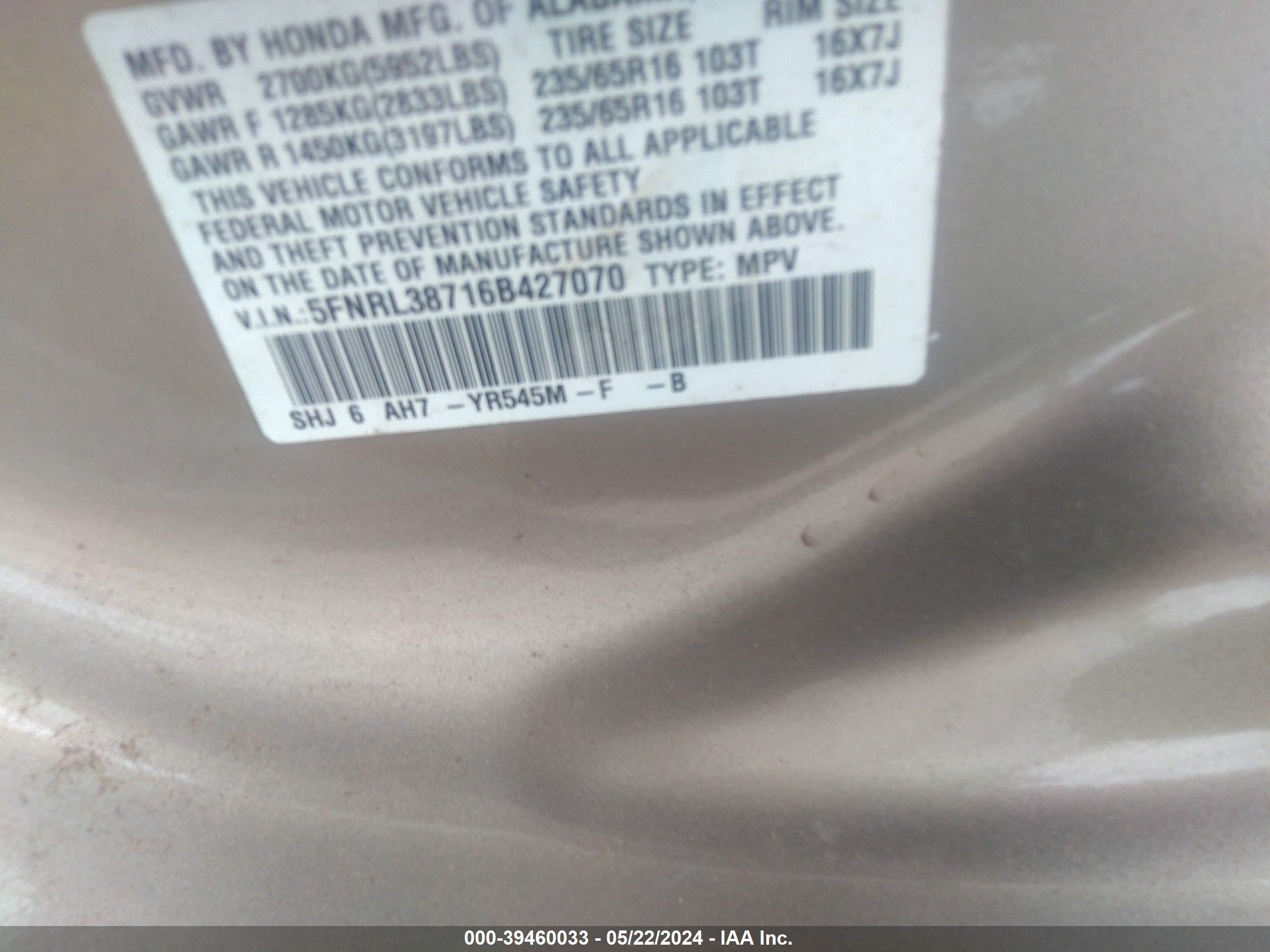 Photo 8 VIN: 5FNRL38716B427070 - HONDA ODYSSEY 