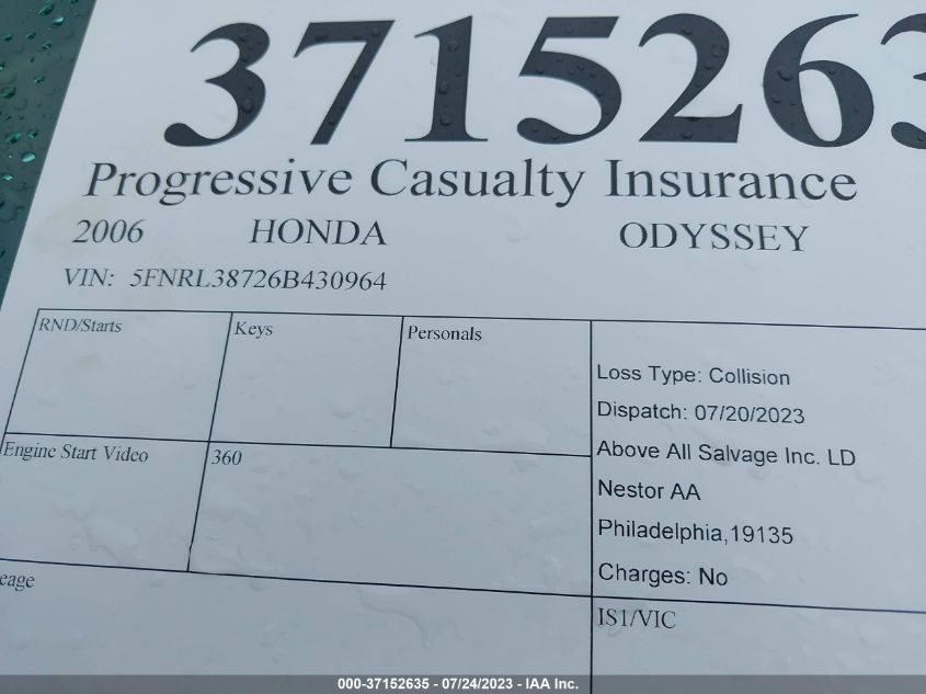 Photo 8 VIN: 5FNRL38726B430964 - HONDA ODYSSEY 