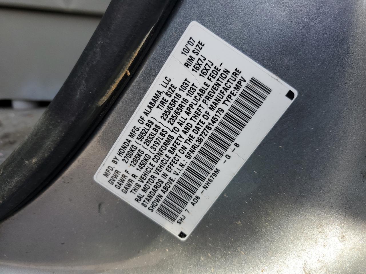 Photo 12 VIN: 5FNRL38727B145179 - HONDA ODYSSEY 