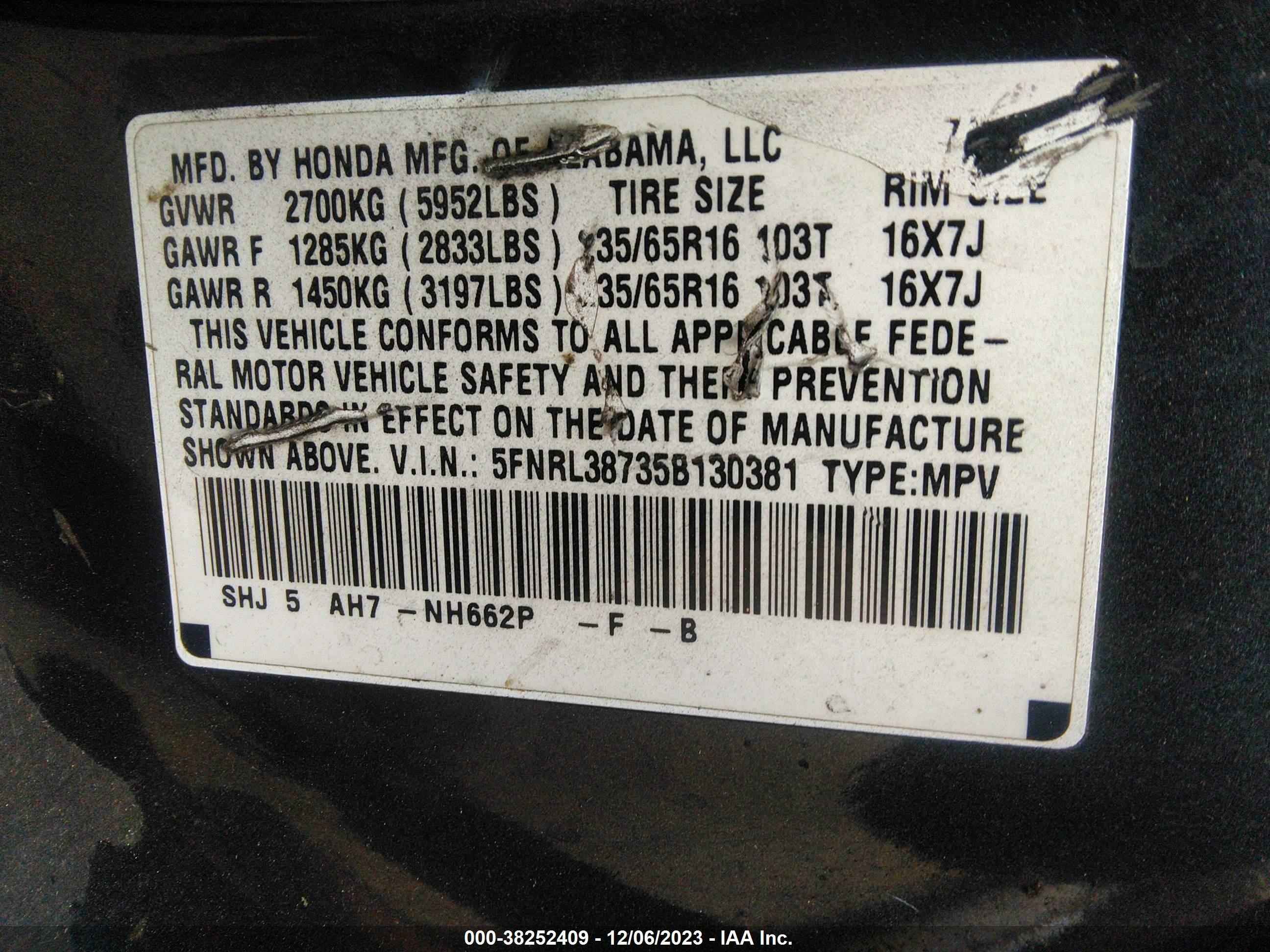 Photo 8 VIN: 5FNRL38735B130381 - HONDA ODYSSEY 