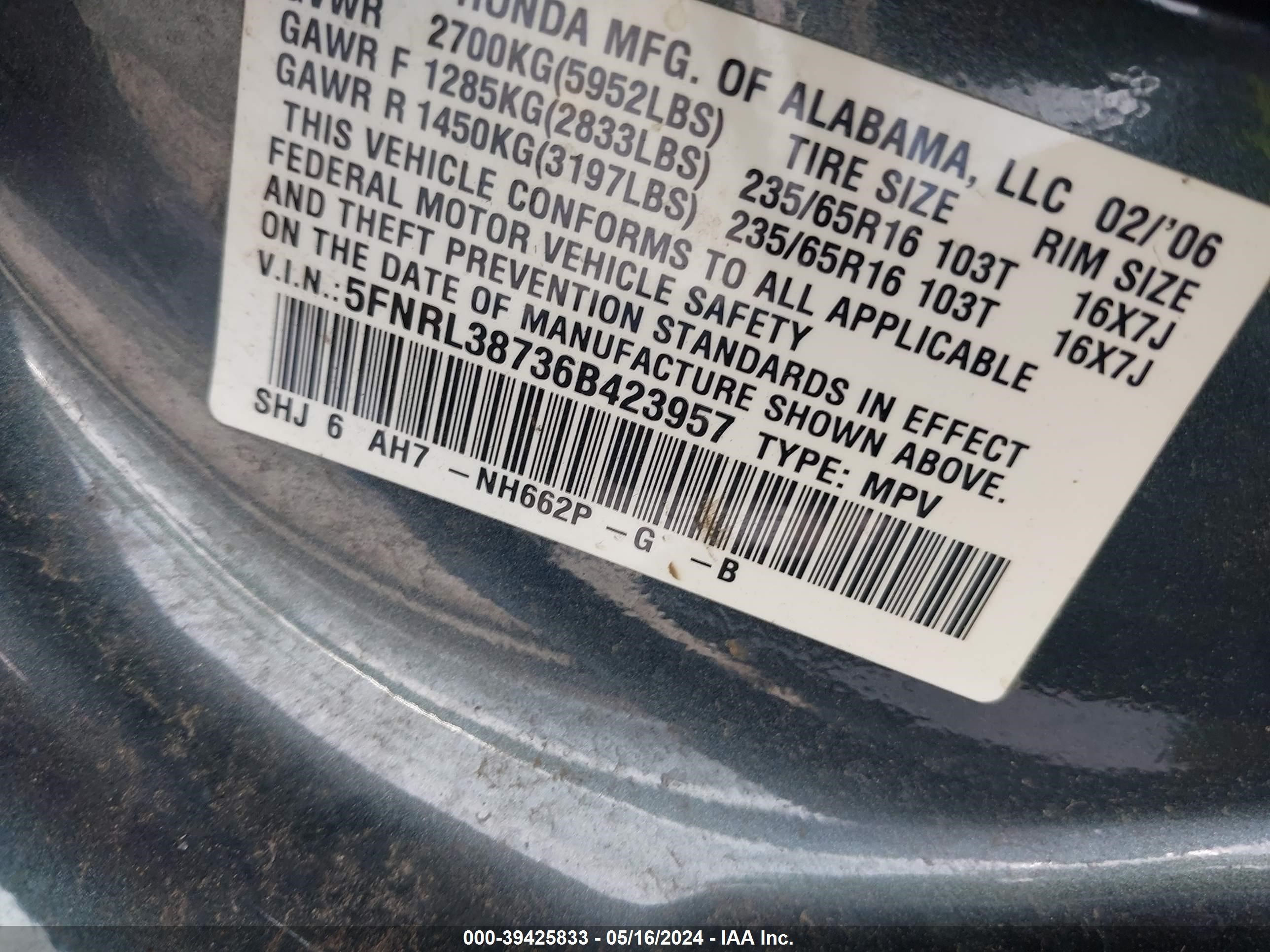 Photo 8 VIN: 5FNRL38736B423957 - HONDA ODYSSEY 