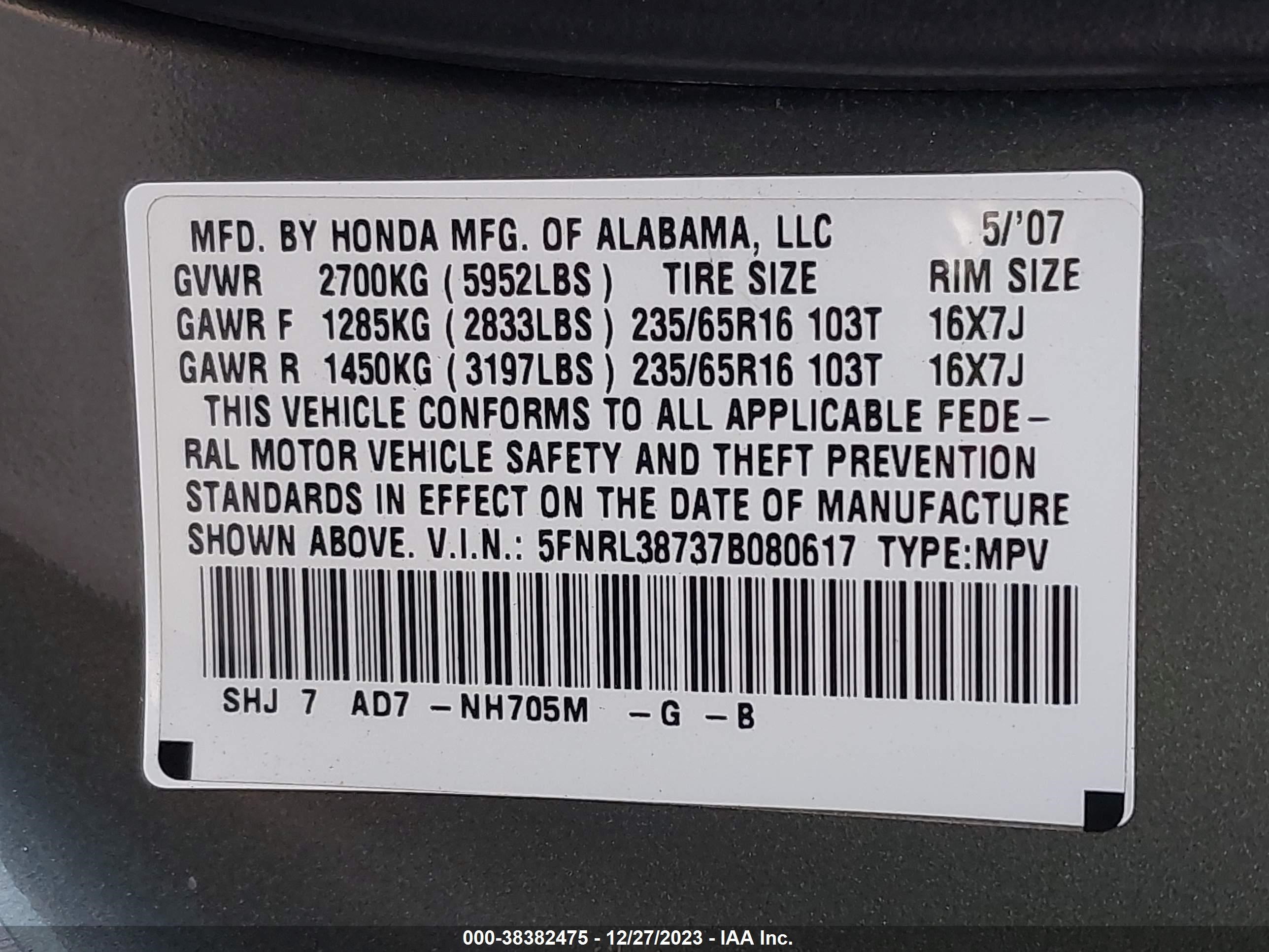 Photo 8 VIN: 5FNRL38737B080617 - HONDA ODYSSEY 