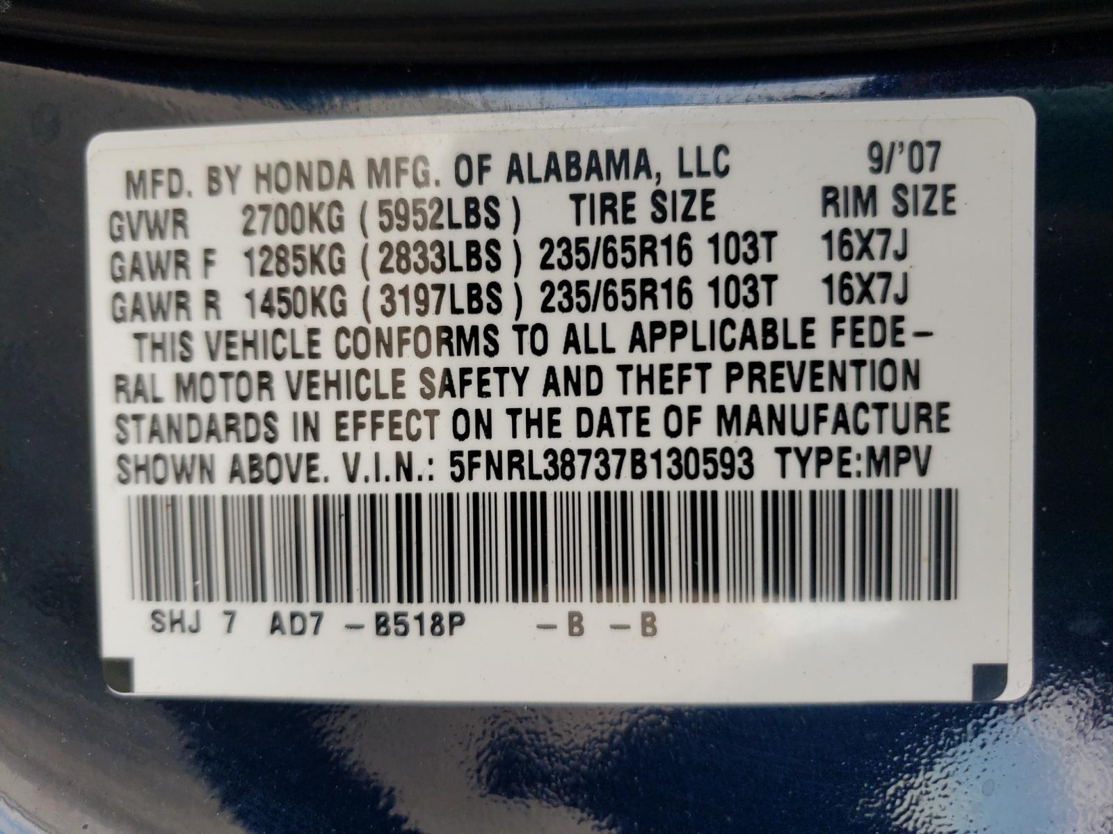 Photo 9 VIN: 5FNRL38737B130593 - HONDA ODYSSEY EX 