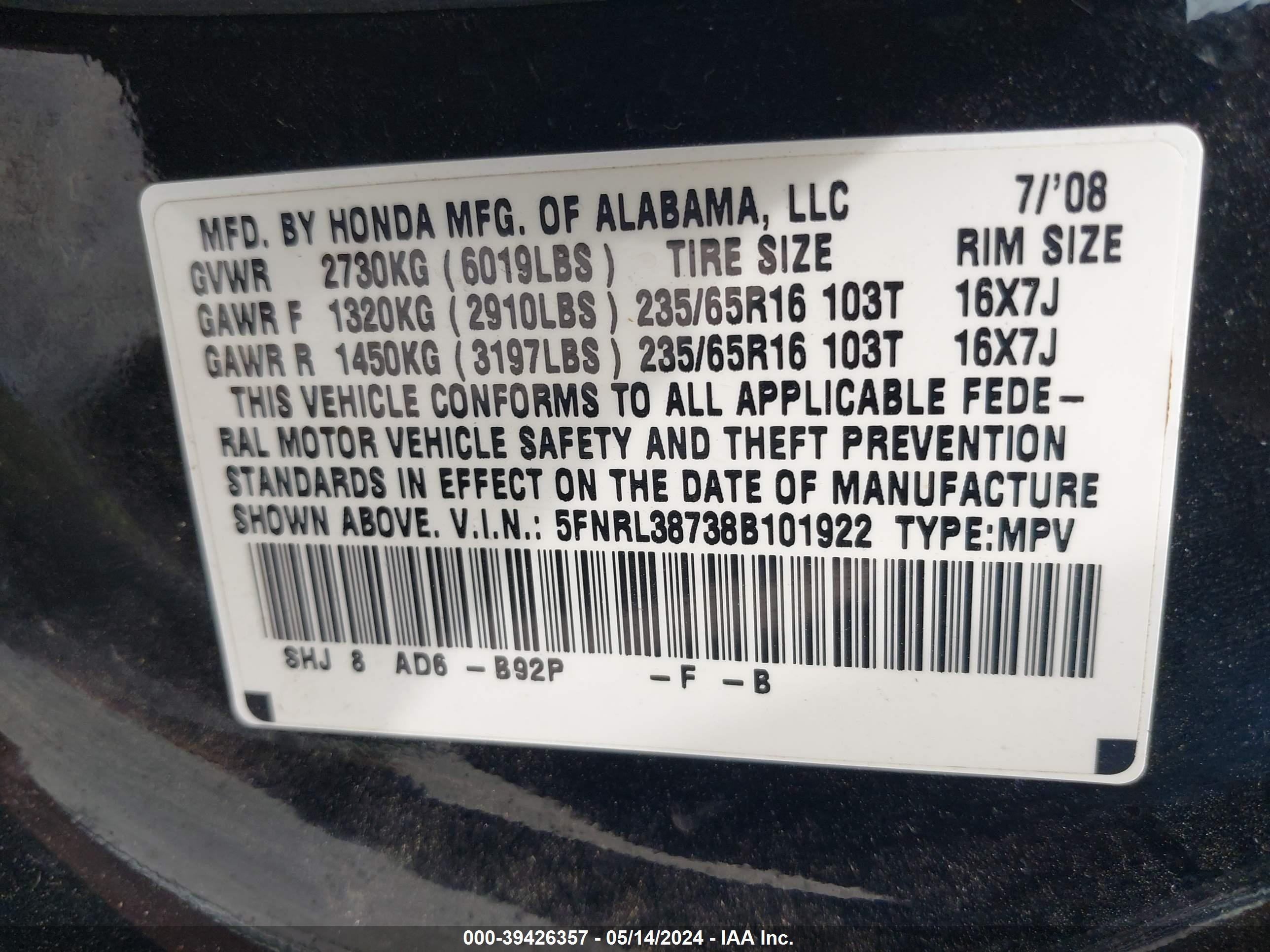 Photo 8 VIN: 5FNRL38738B101922 - HONDA ODYSSEY 