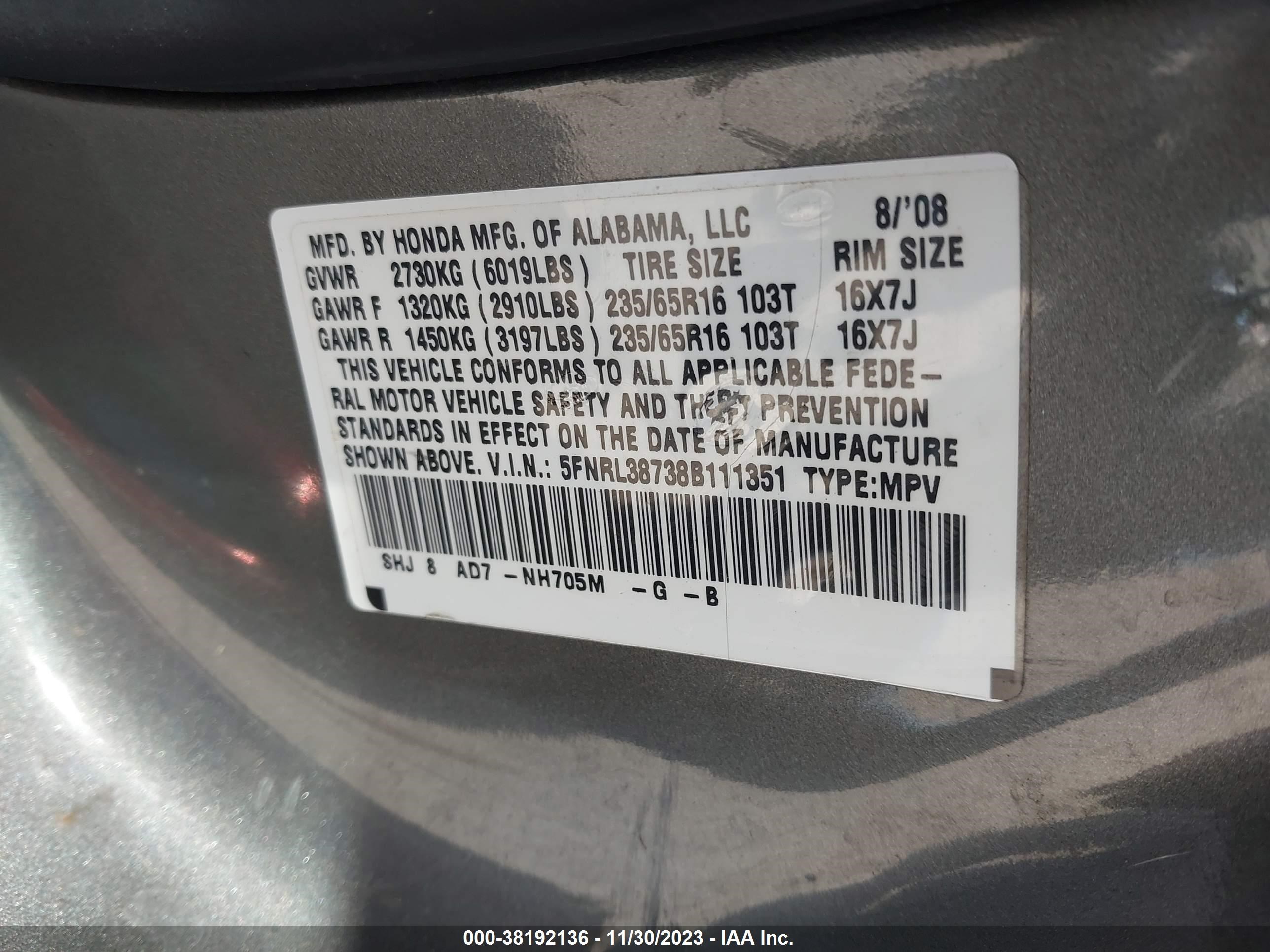 Photo 8 VIN: 5FNRL38738B111351 - HONDA ODYSSEY 