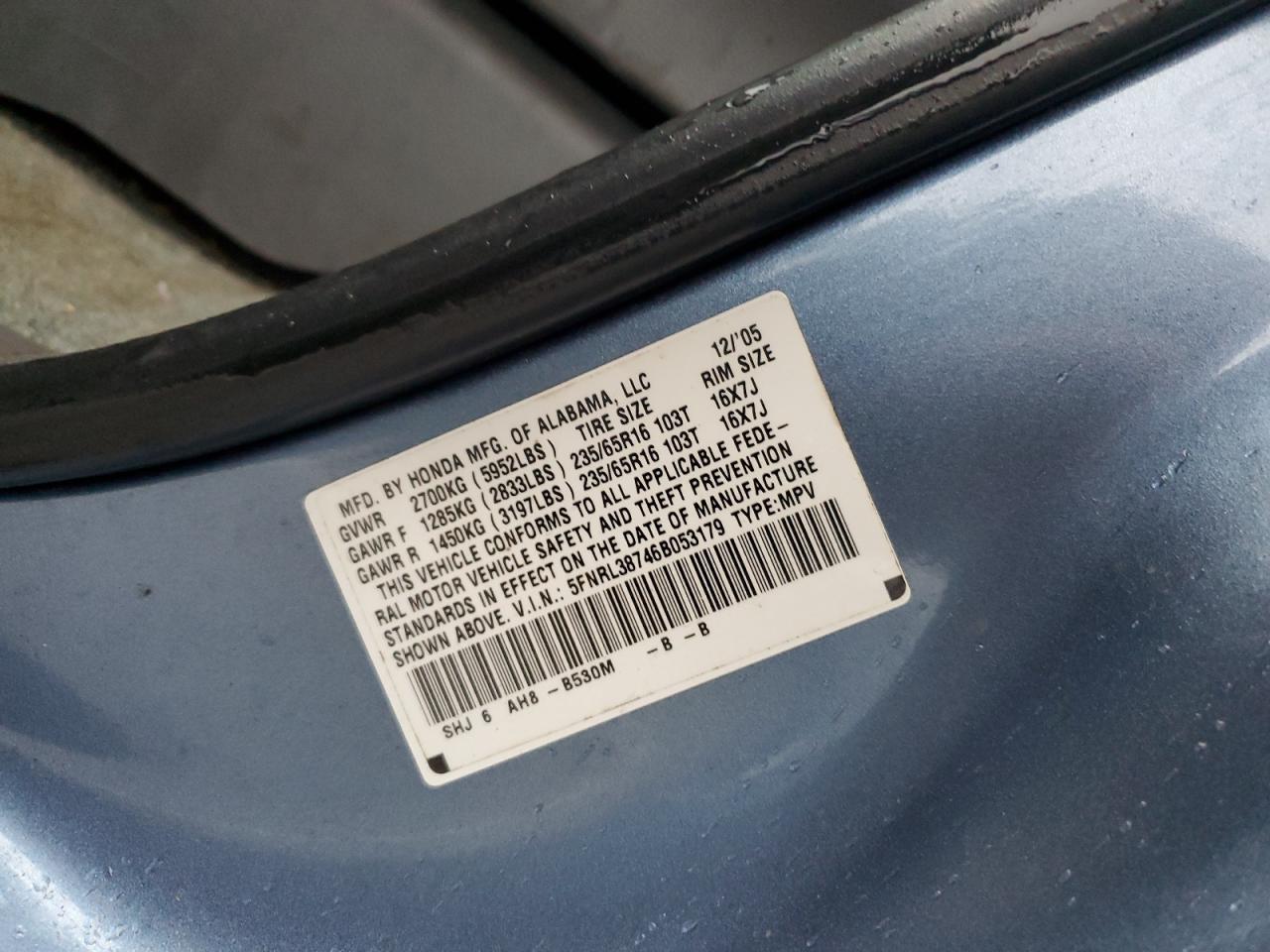 Photo 12 VIN: 5FNRL38746B053179 - HONDA ODYSSEY 