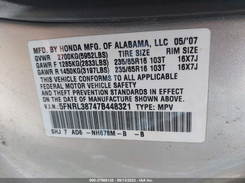 Photo 8 VIN: 5FNRL38747B448321 - HONDA ODYSSEY 