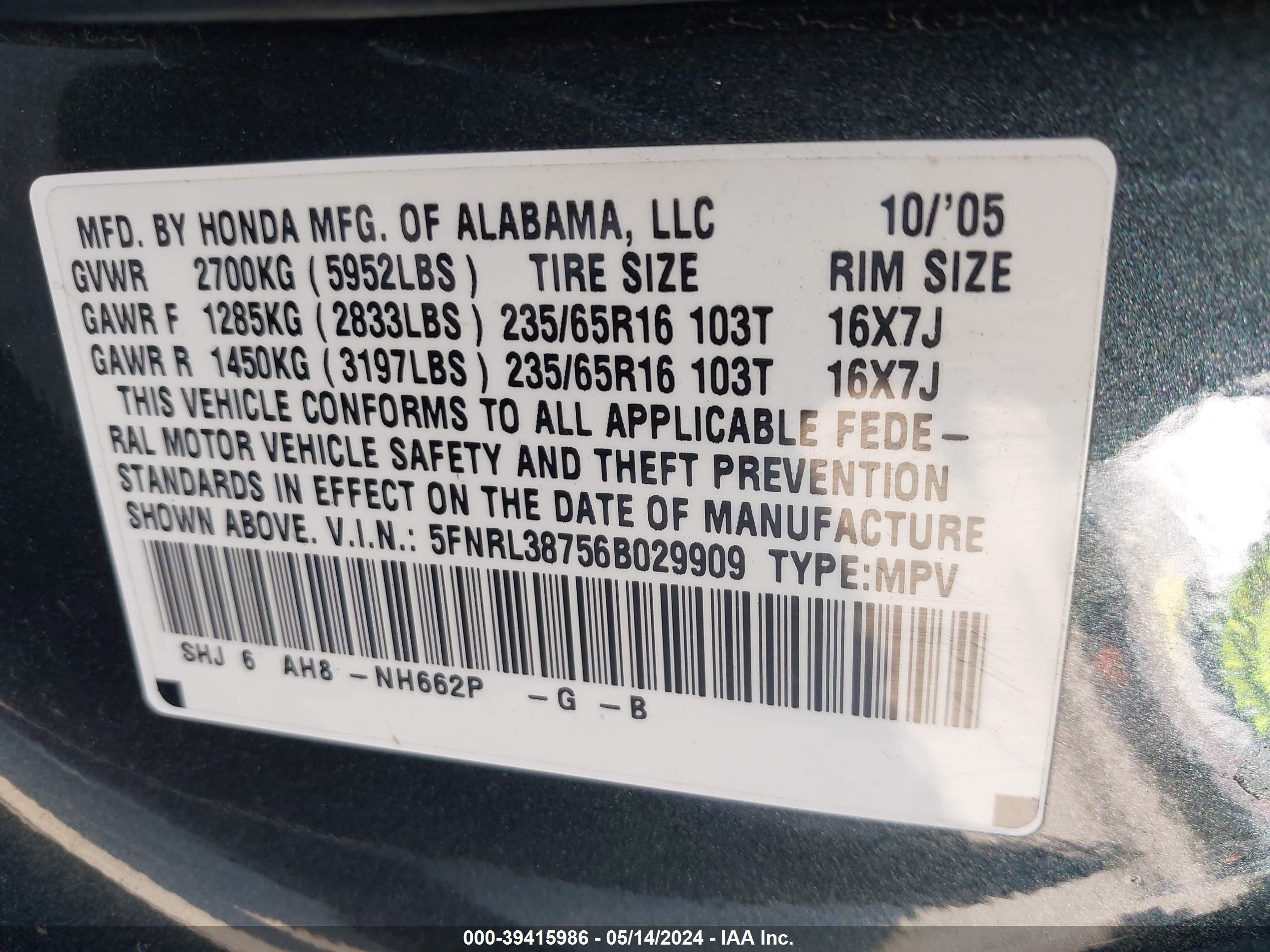 Photo 8 VIN: 5FNRL38756B029909 - HONDA ODYSSEY 