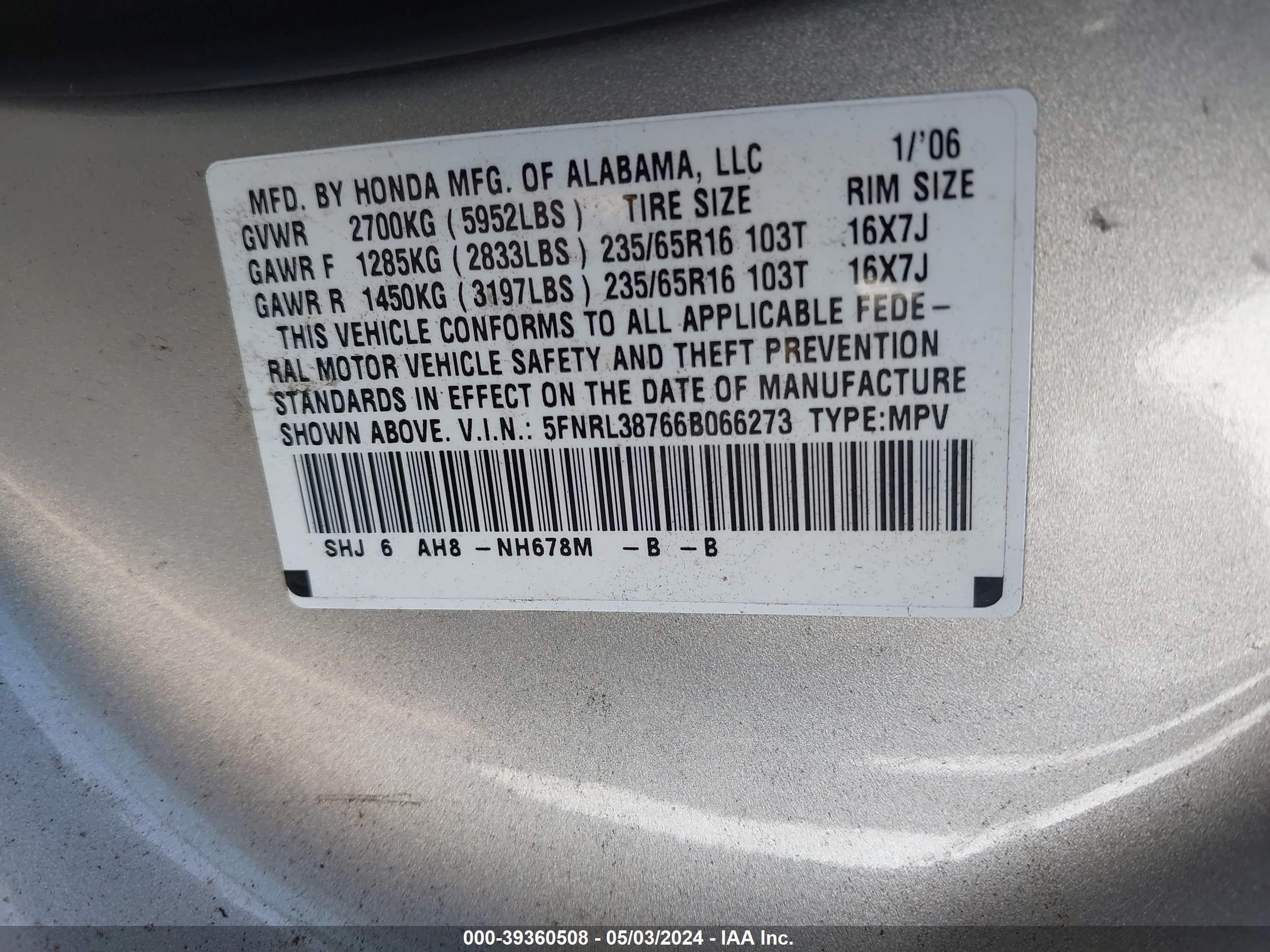 Photo 8 VIN: 5FNRL38766B066273 - HONDA ODYSSEY 