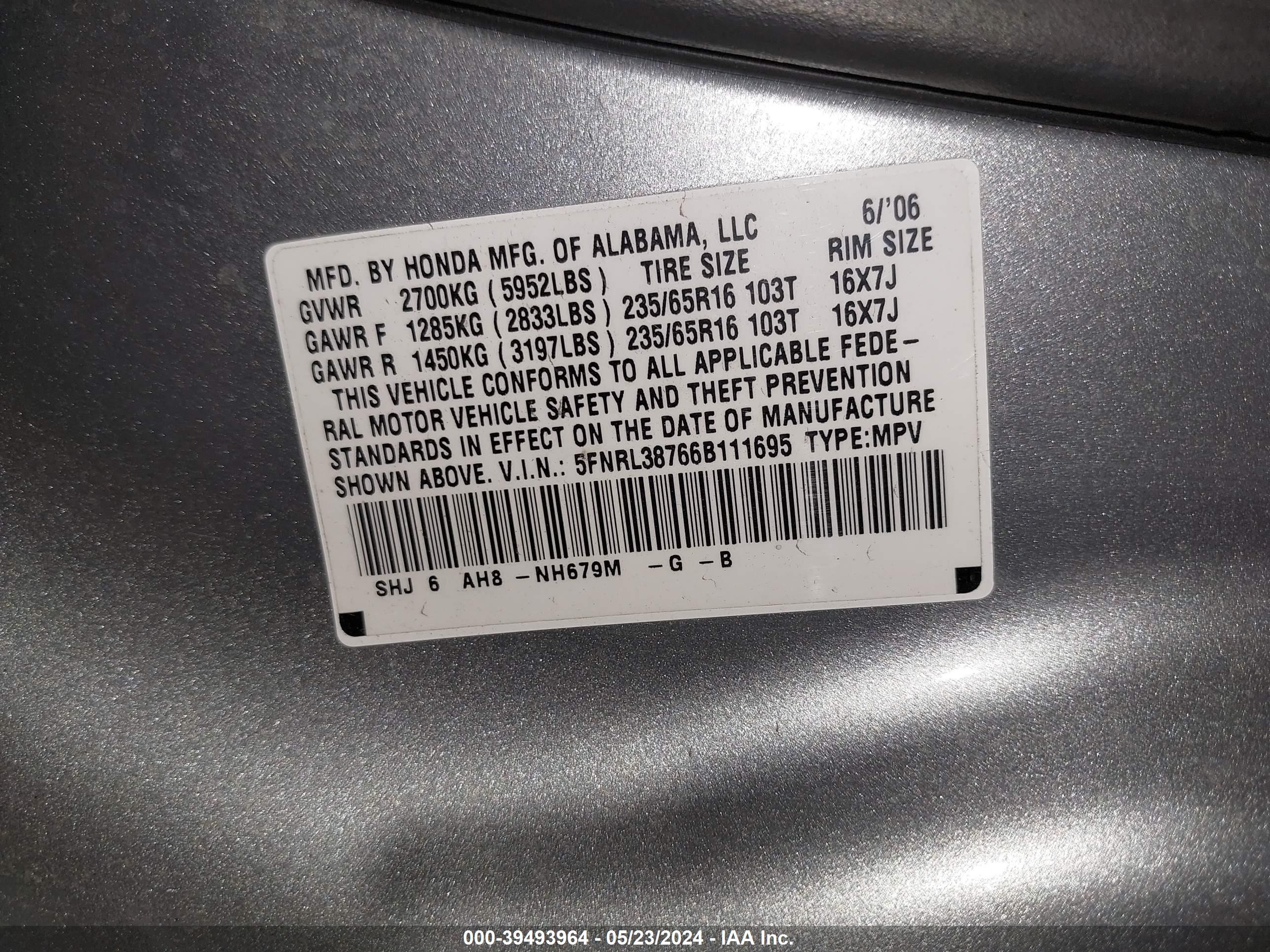 Photo 8 VIN: 5FNRL38766B111695 - HONDA ODYSSEY 