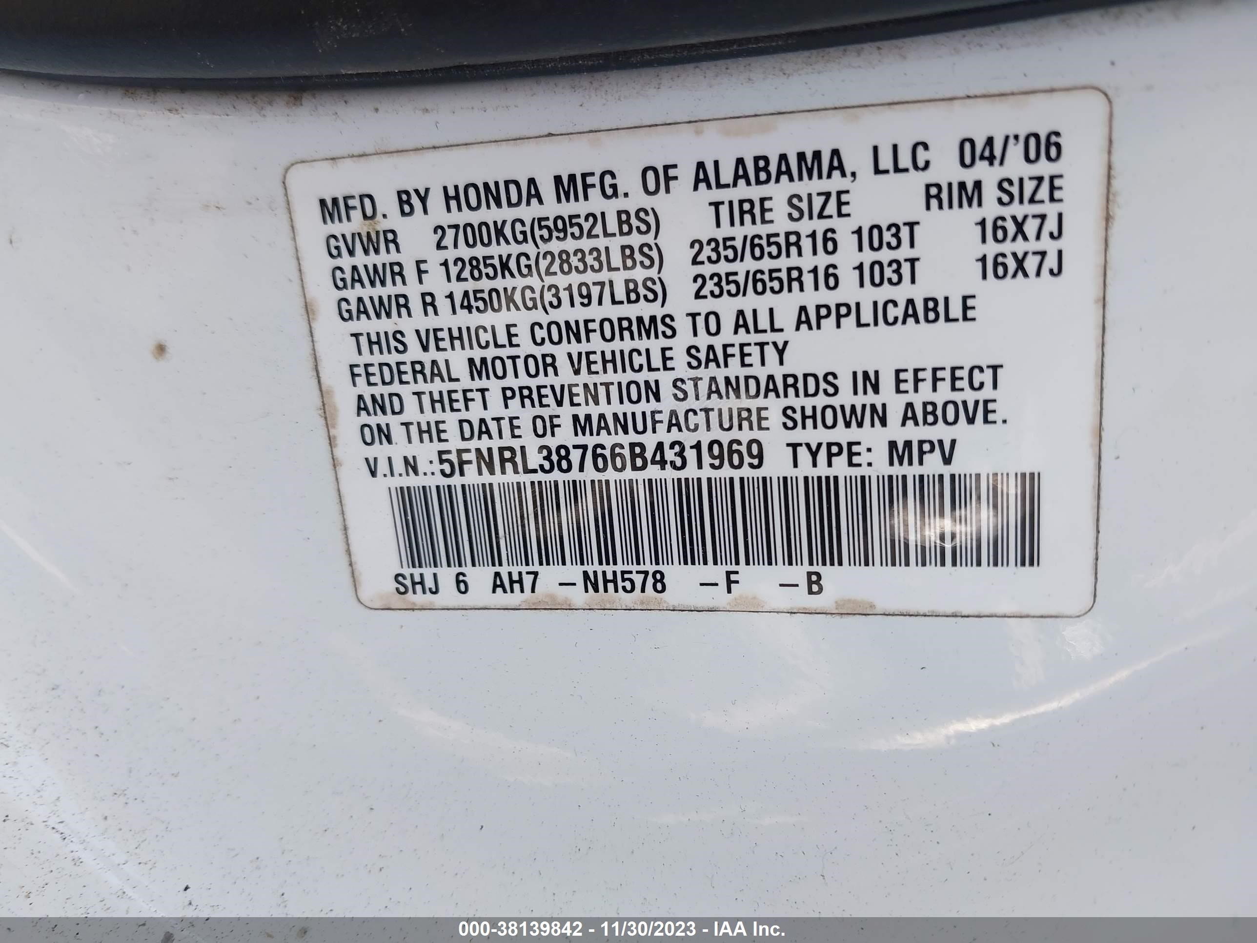 Photo 8 VIN: 5FNRL38766B431969 - HONDA ODYSSEY 