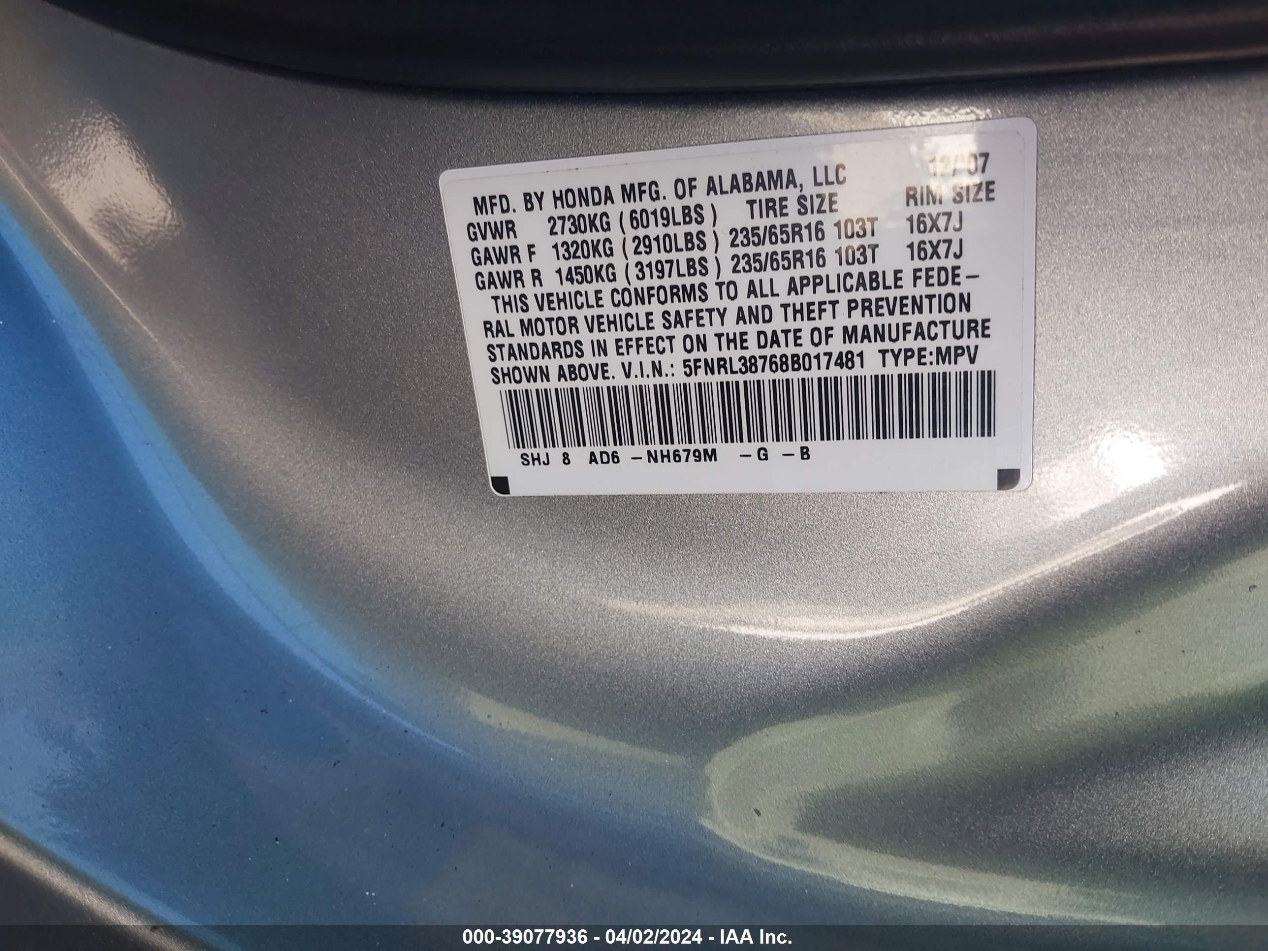 Photo 8 VIN: 5FNRL38768B017481 - HONDA ODYSSEY 