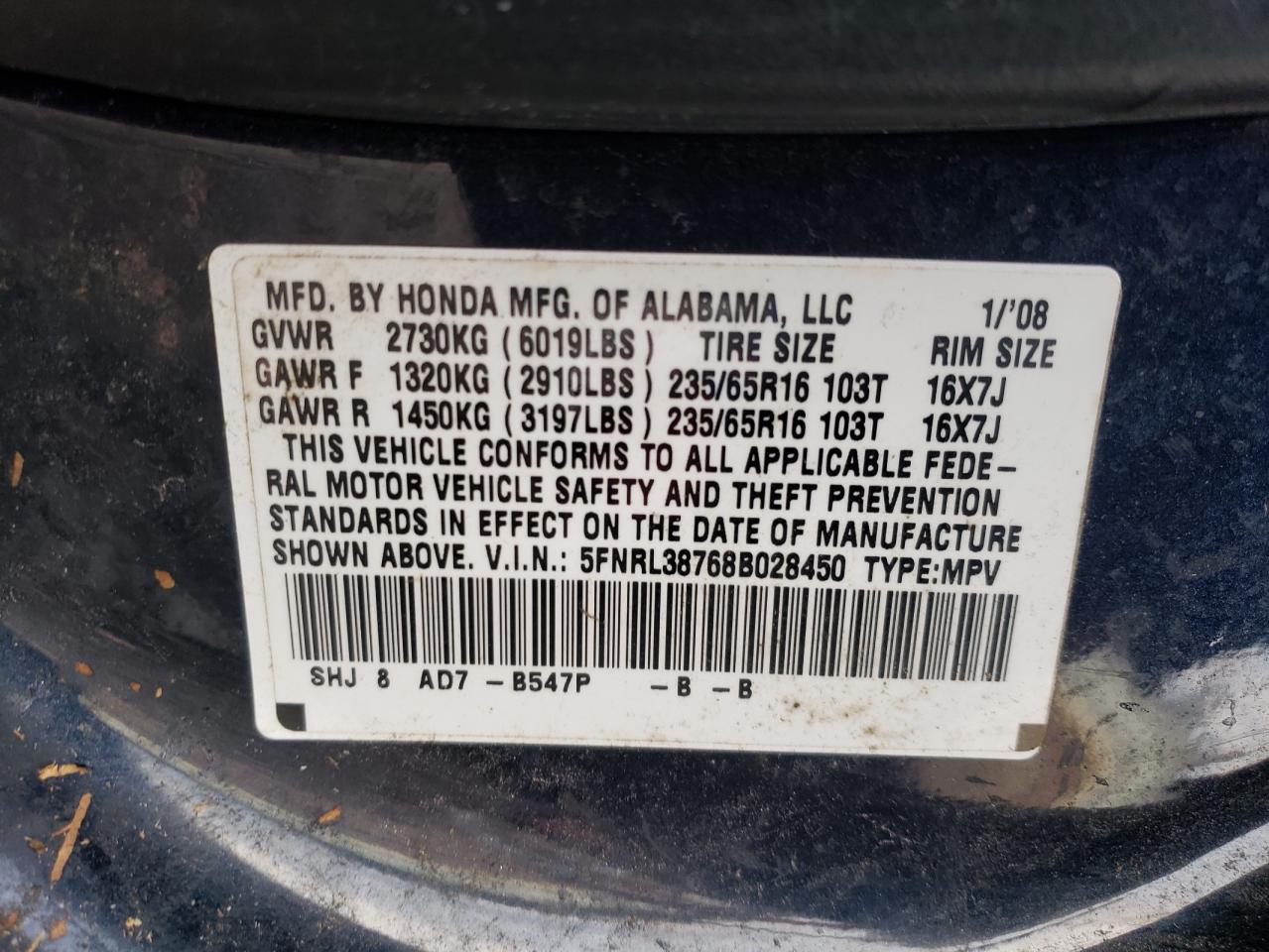 Photo 13 VIN: 5FNRL38768B028450 - HONDA ODYSSEY 