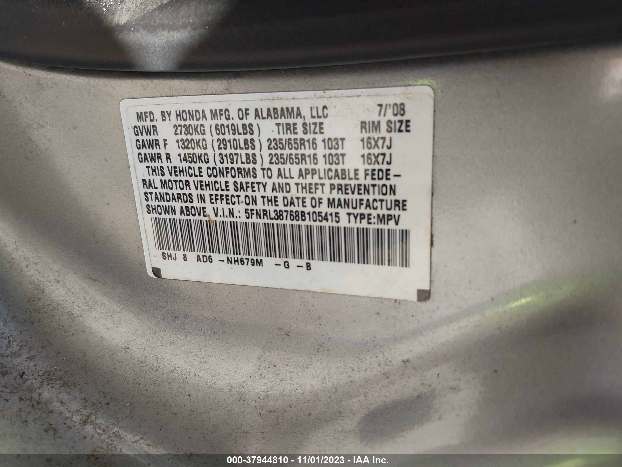 Photo 8 VIN: 5FNRL38768B105415 - HONDA ODYSSEY 