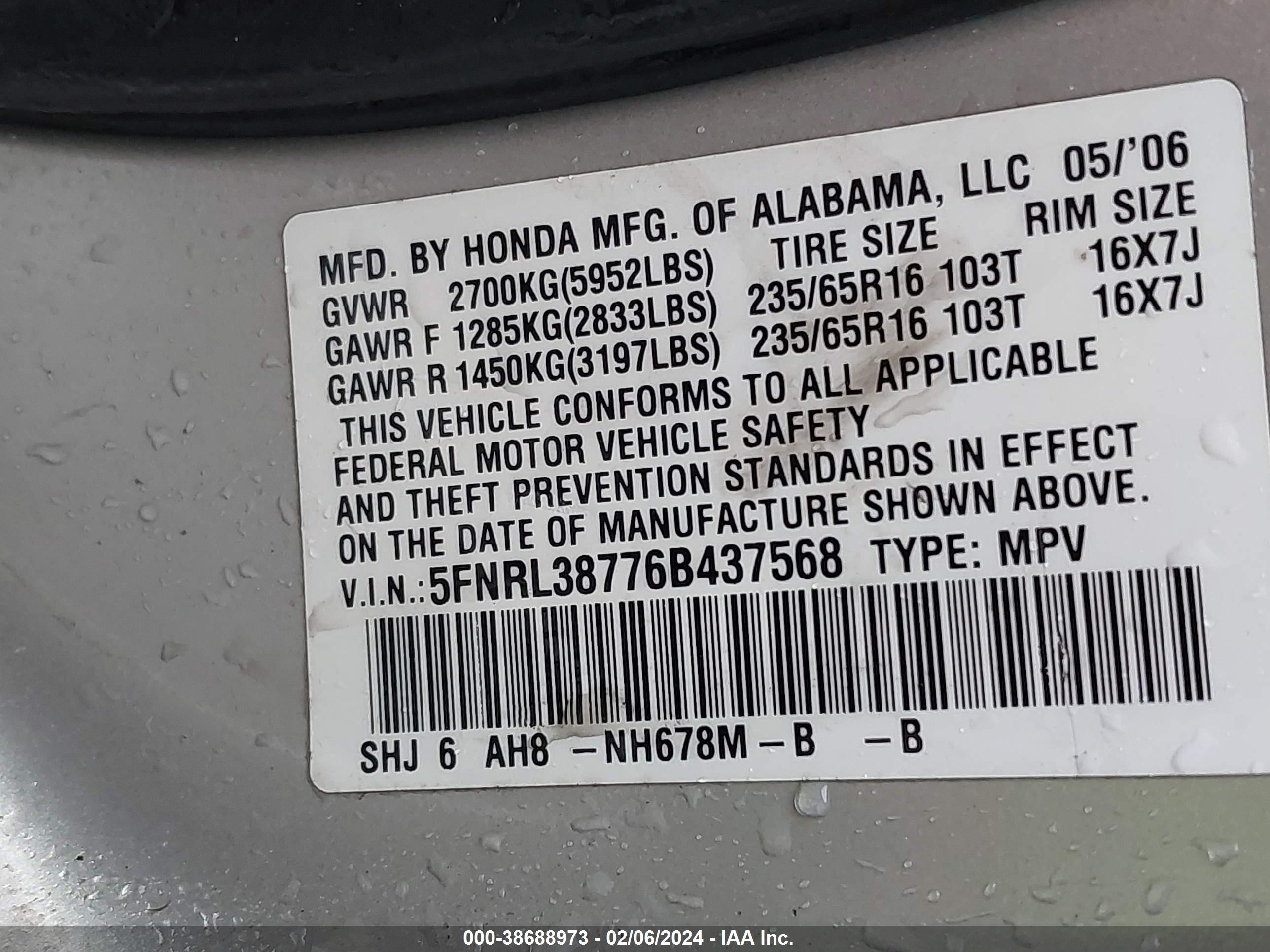 Photo 8 VIN: 5FNRL38776B437568 - HONDA ODYSSEY 