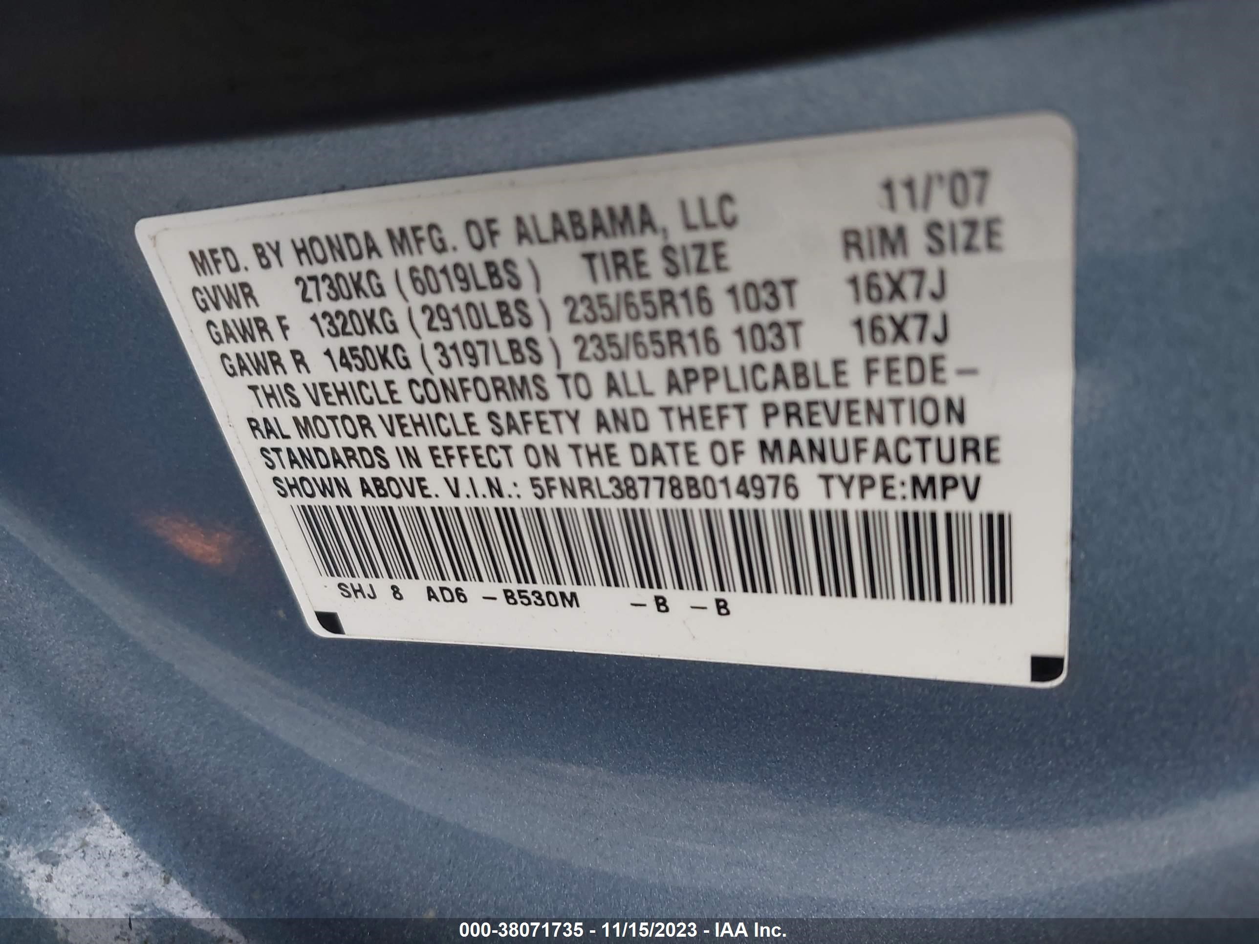 Photo 8 VIN: 5FNRL38778B014976 - HONDA ODYSSEY 