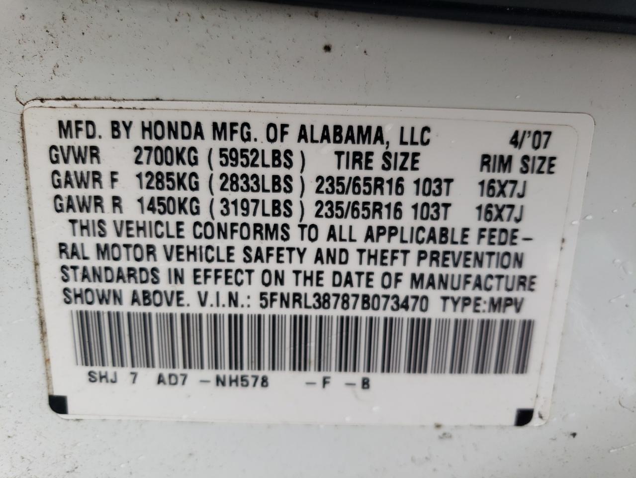 Photo 12 VIN: 5FNRL38787B073470 - HONDA ODYSSEY 