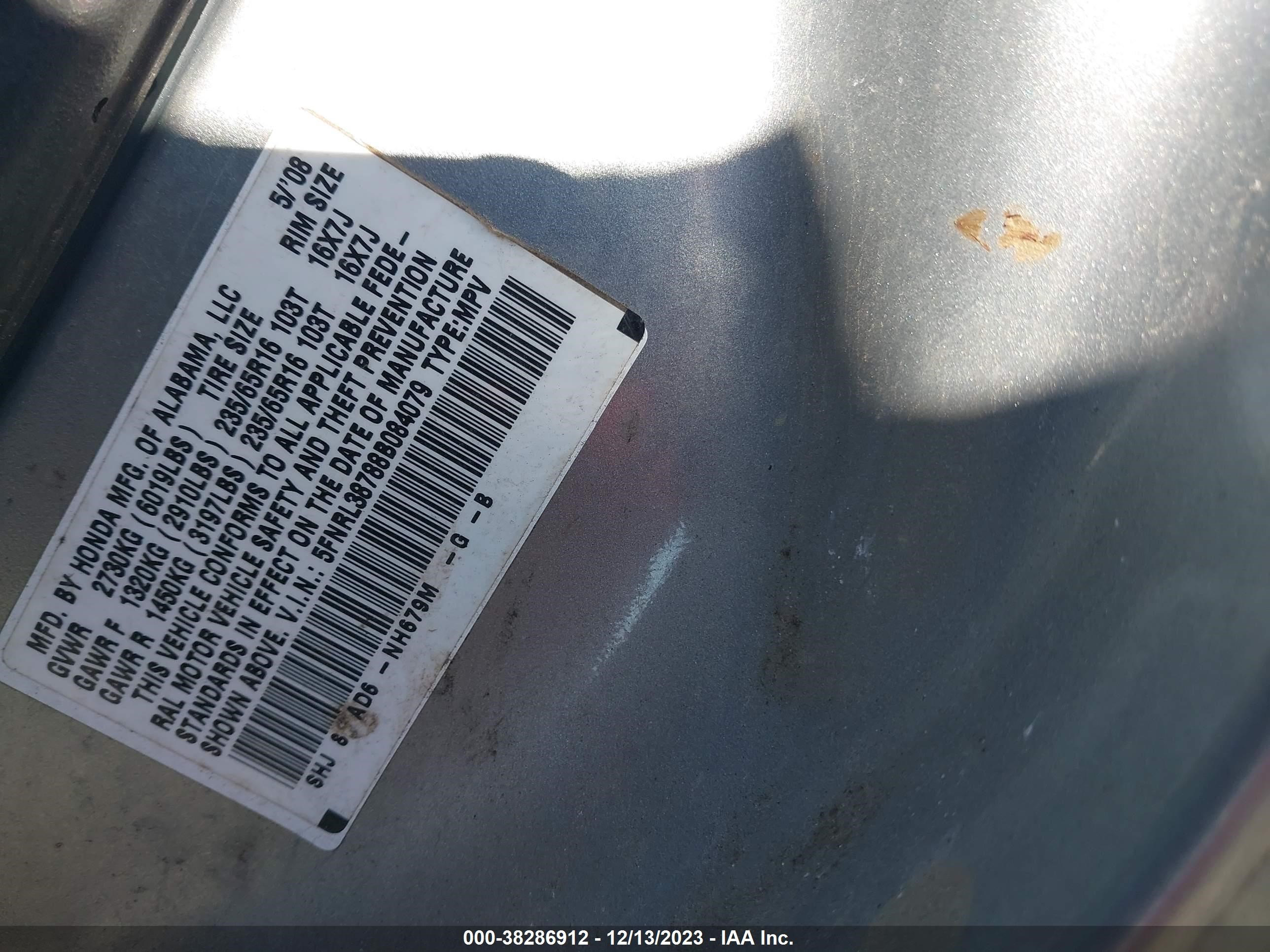 Photo 8 VIN: 5FNRL38788B084079 - HONDA ODYSSEY 