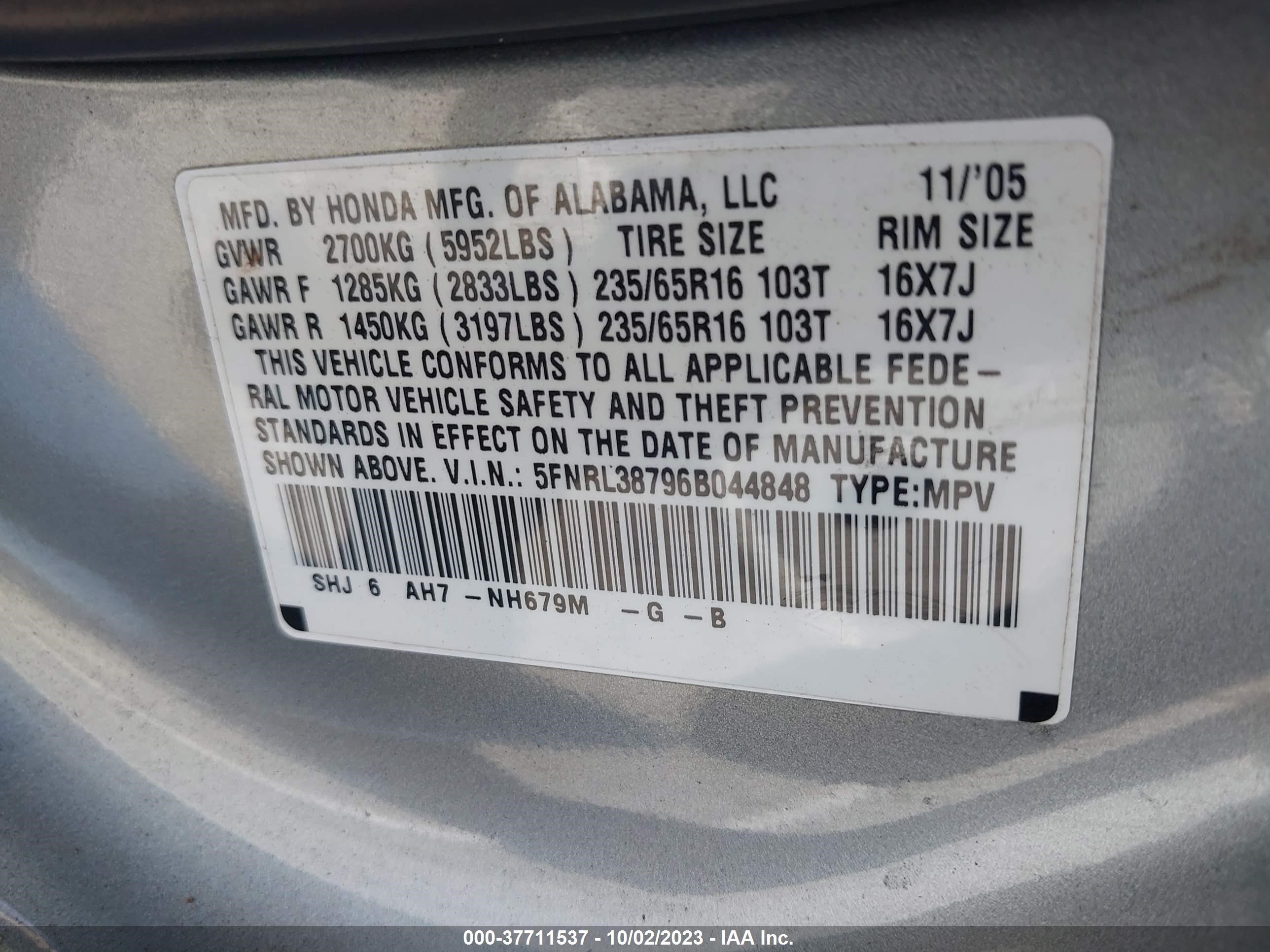 Photo 8 VIN: 5FNRL38796B044848 - HONDA ODYSSEY 