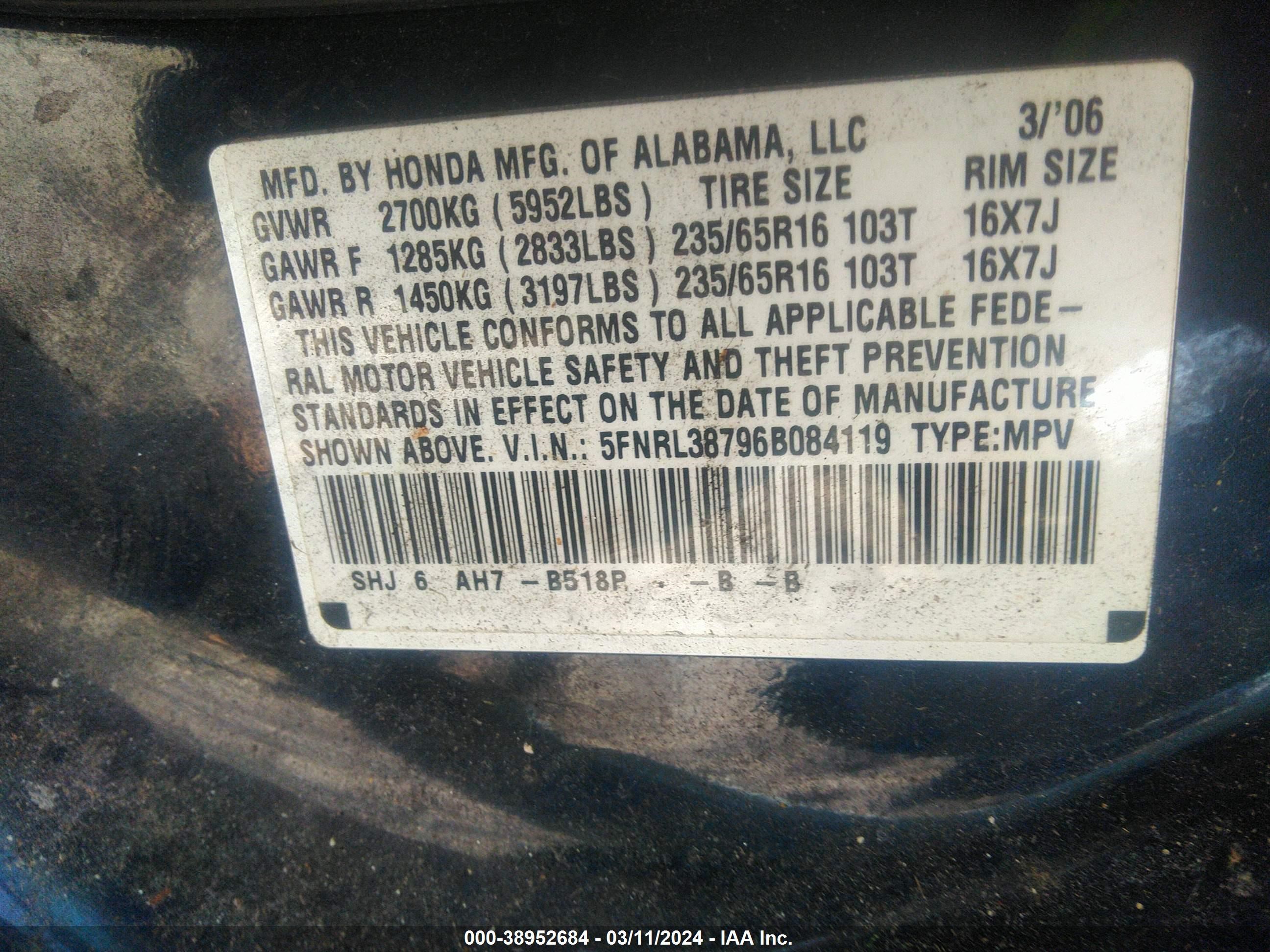 Photo 8 VIN: 5FNRL38796B084119 - HONDA ODYSSEY 