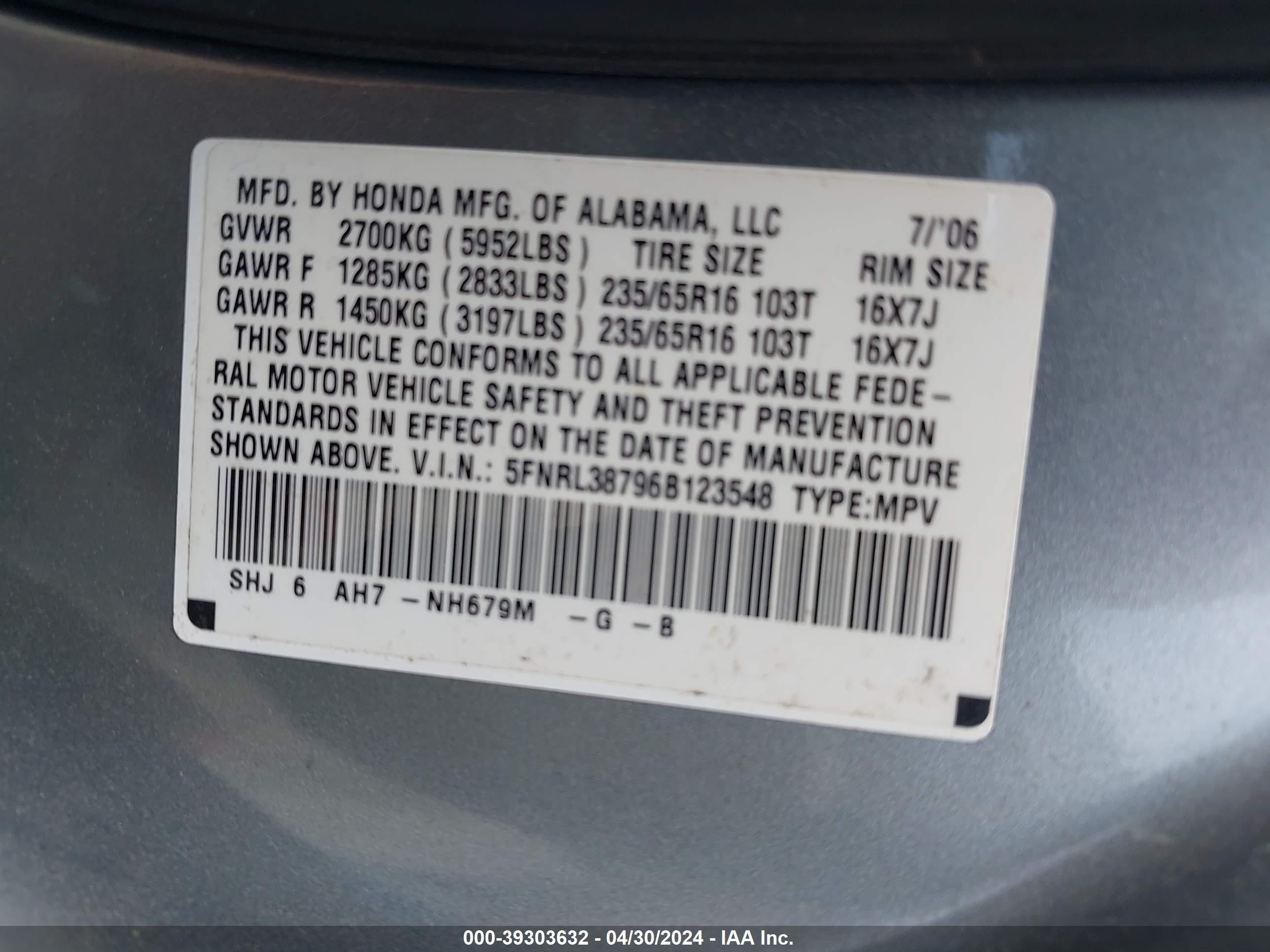 Photo 8 VIN: 5FNRL38796B123548 - HONDA ODYSSEY 