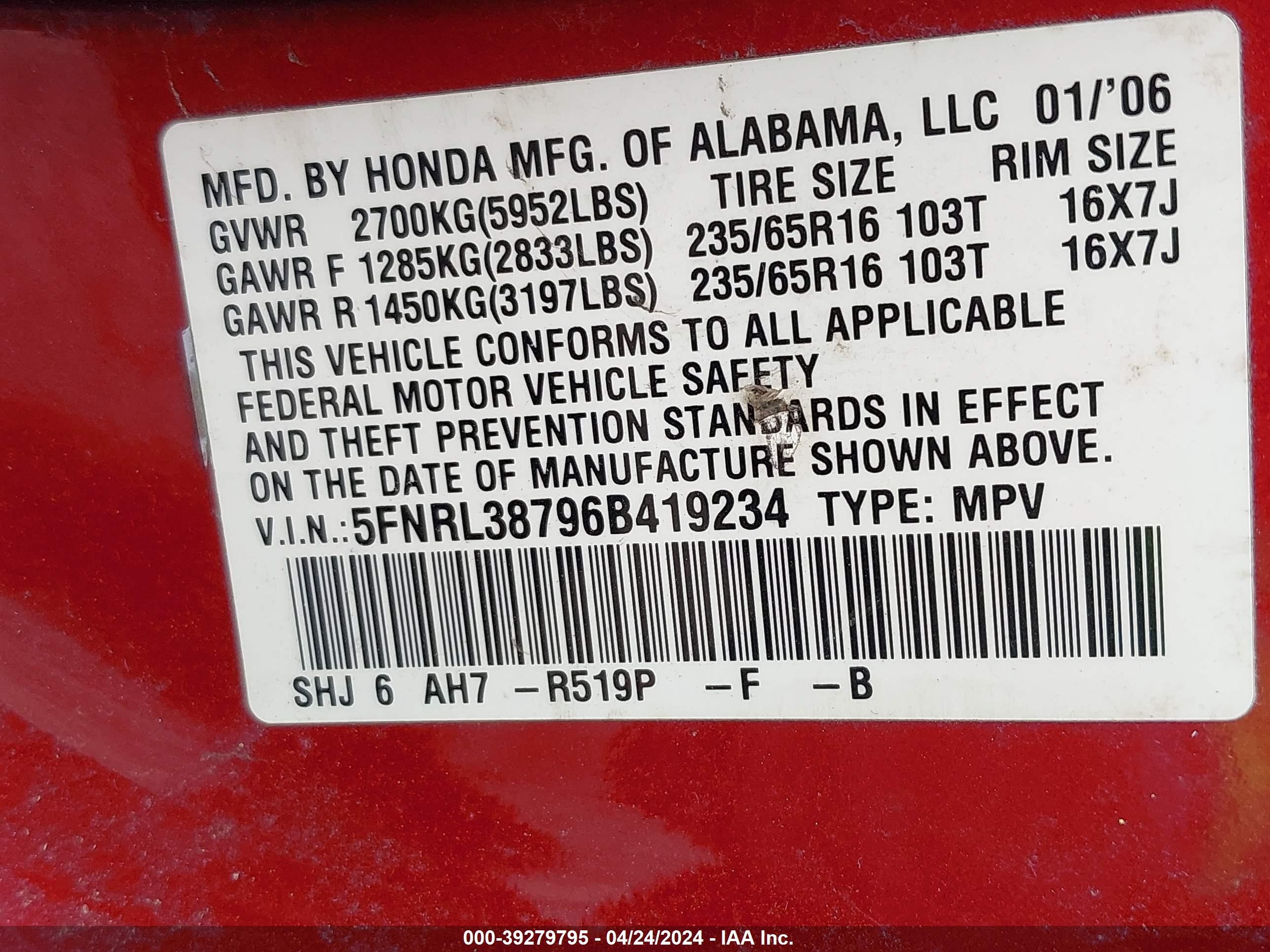 Photo 8 VIN: 5FNRL38796B419234 - HONDA ODYSSEY 