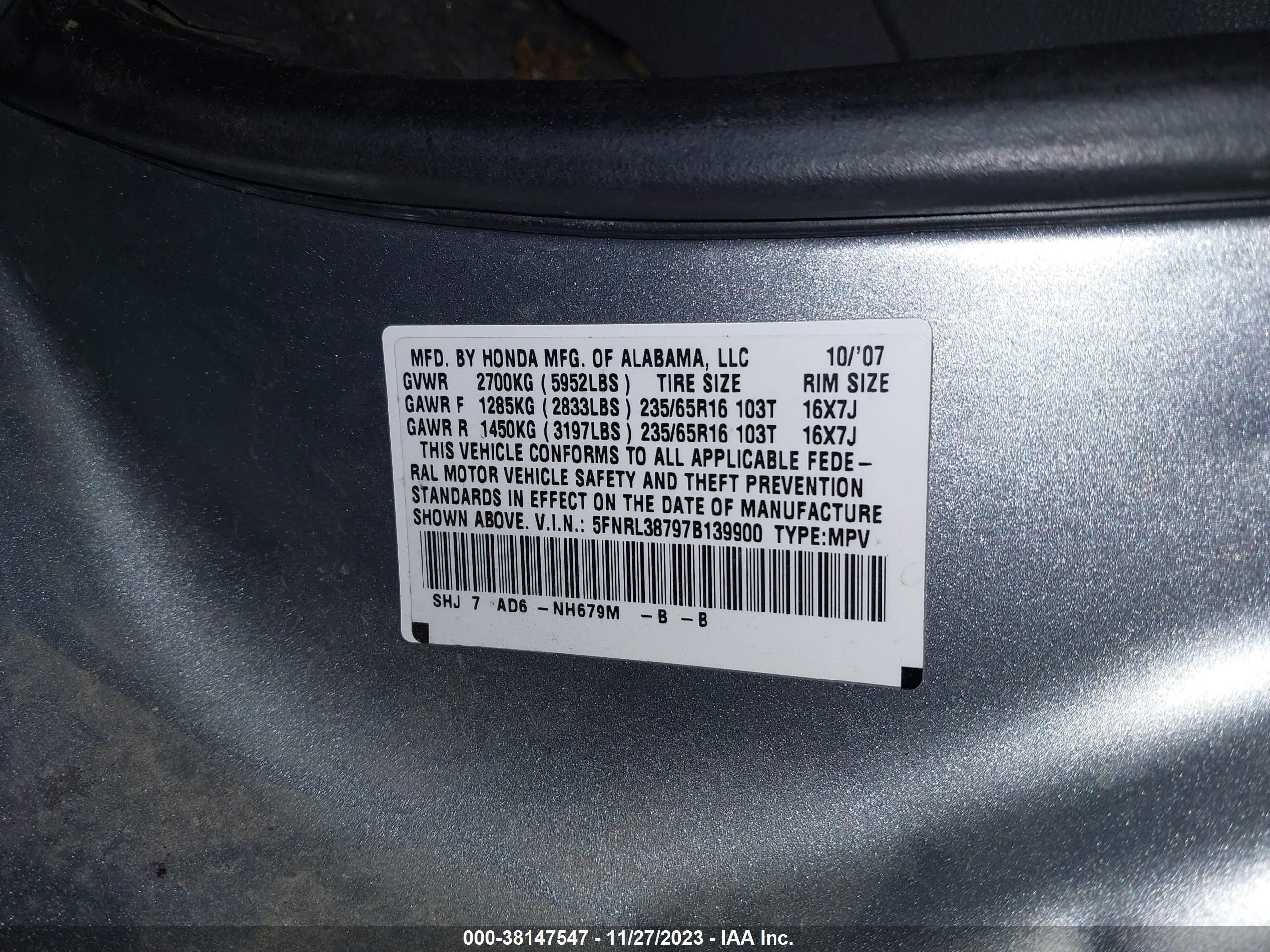 Photo 8 VIN: 5FNRL38797B139900 - HONDA ODYSSEY 