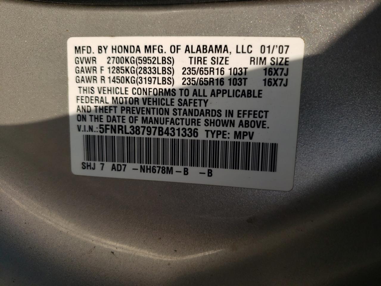 Photo 13 VIN: 5FNRL38797B431336 - HONDA ODYSSEY 