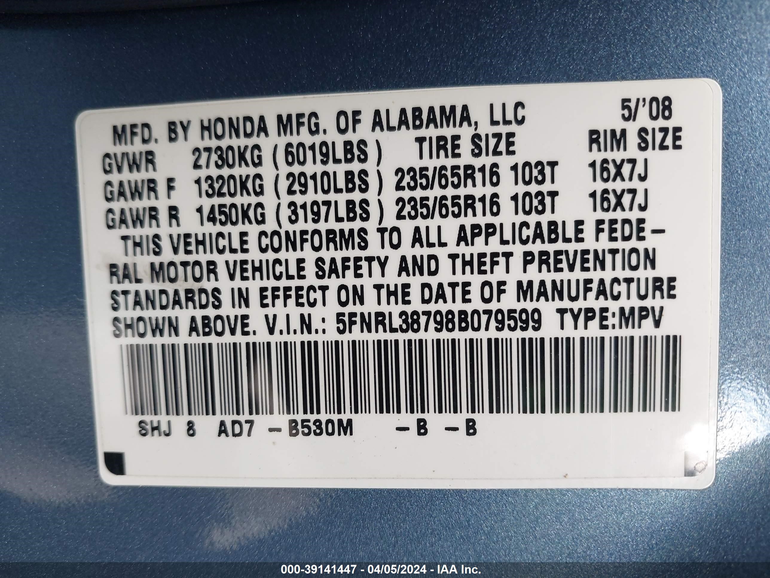 Photo 8 VIN: 5FNRL38798B079599 - HONDA ODYSSEY 