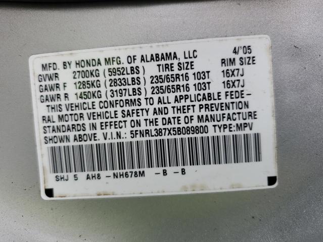 Photo 12 VIN: 5FNRL387X5B089800 - HONDA ODYSSEY EX 