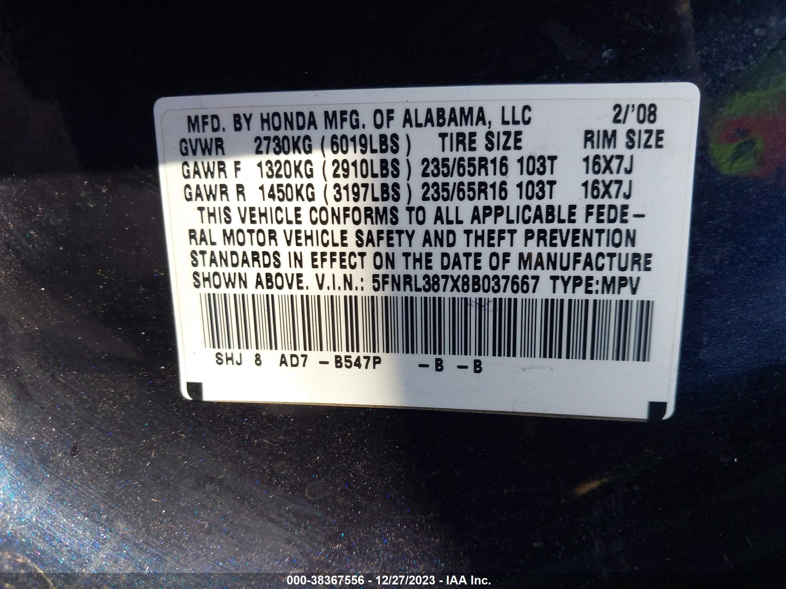 Photo 8 VIN: 5FNRL387X8B037667 - HONDA ODYSSEY 