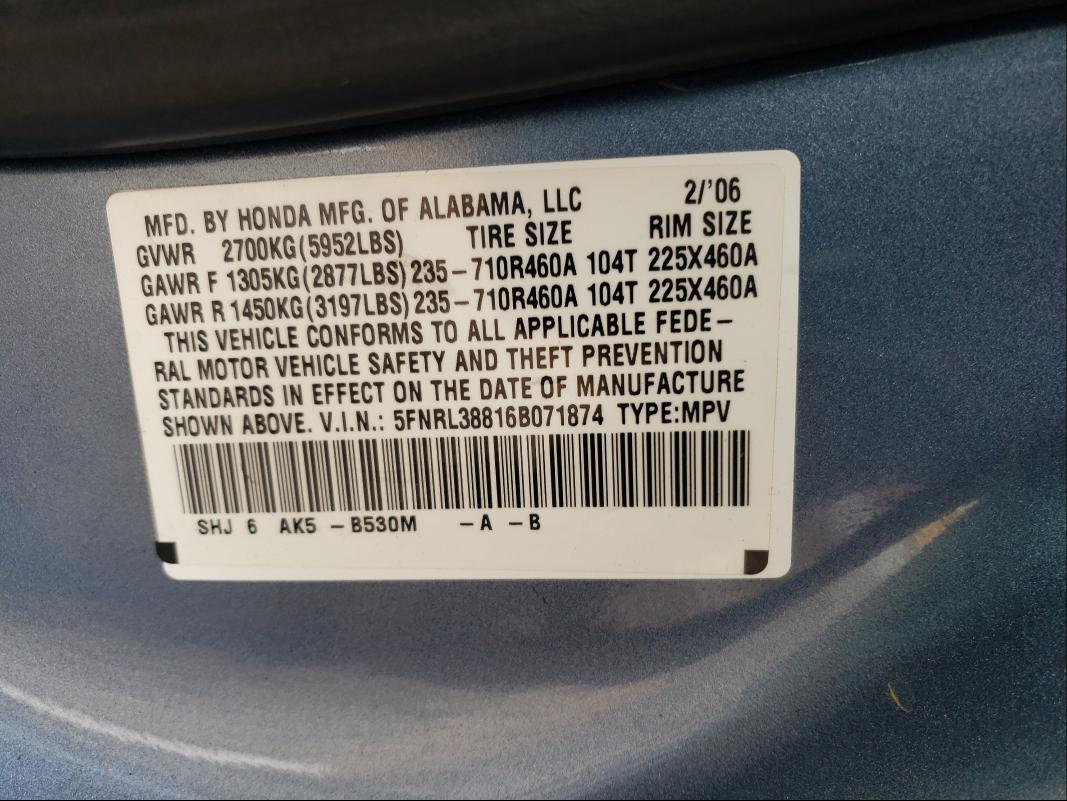 Photo 9 VIN: 5FNRL38816B071874 - HONDA ODYSSEY TO 