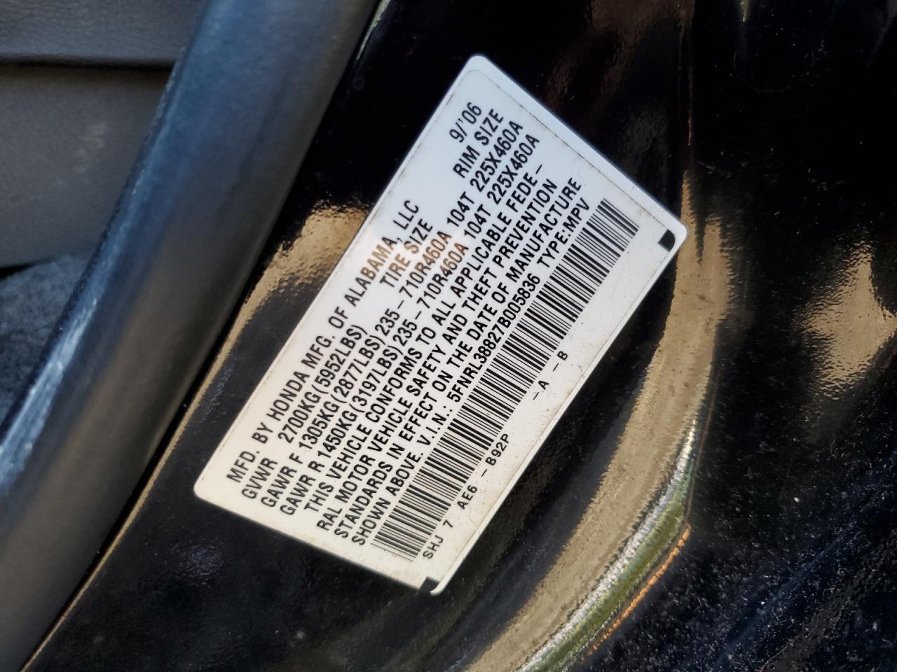 Photo 12 VIN: 5FNRL38827B005836 - HONDA ODYSSEY 