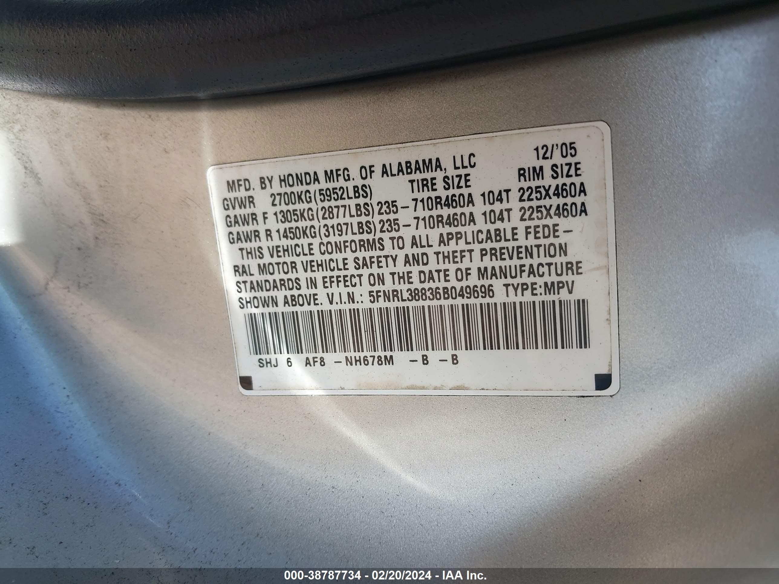 Photo 8 VIN: 5FNRL38836B049696 - HONDA ODYSSEY 