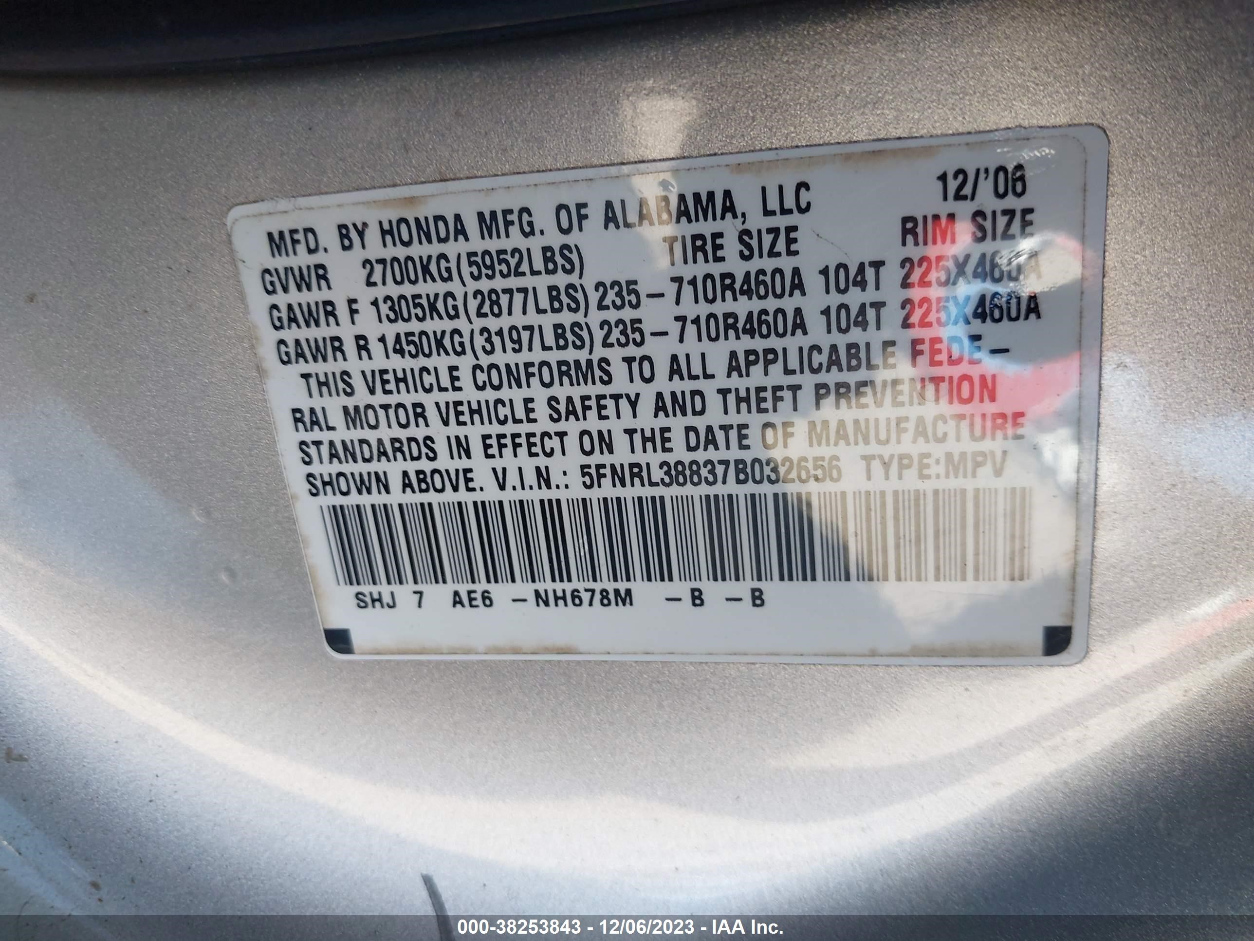 Photo 8 VIN: 5FNRL38837B032656 - HONDA ODYSSEY 