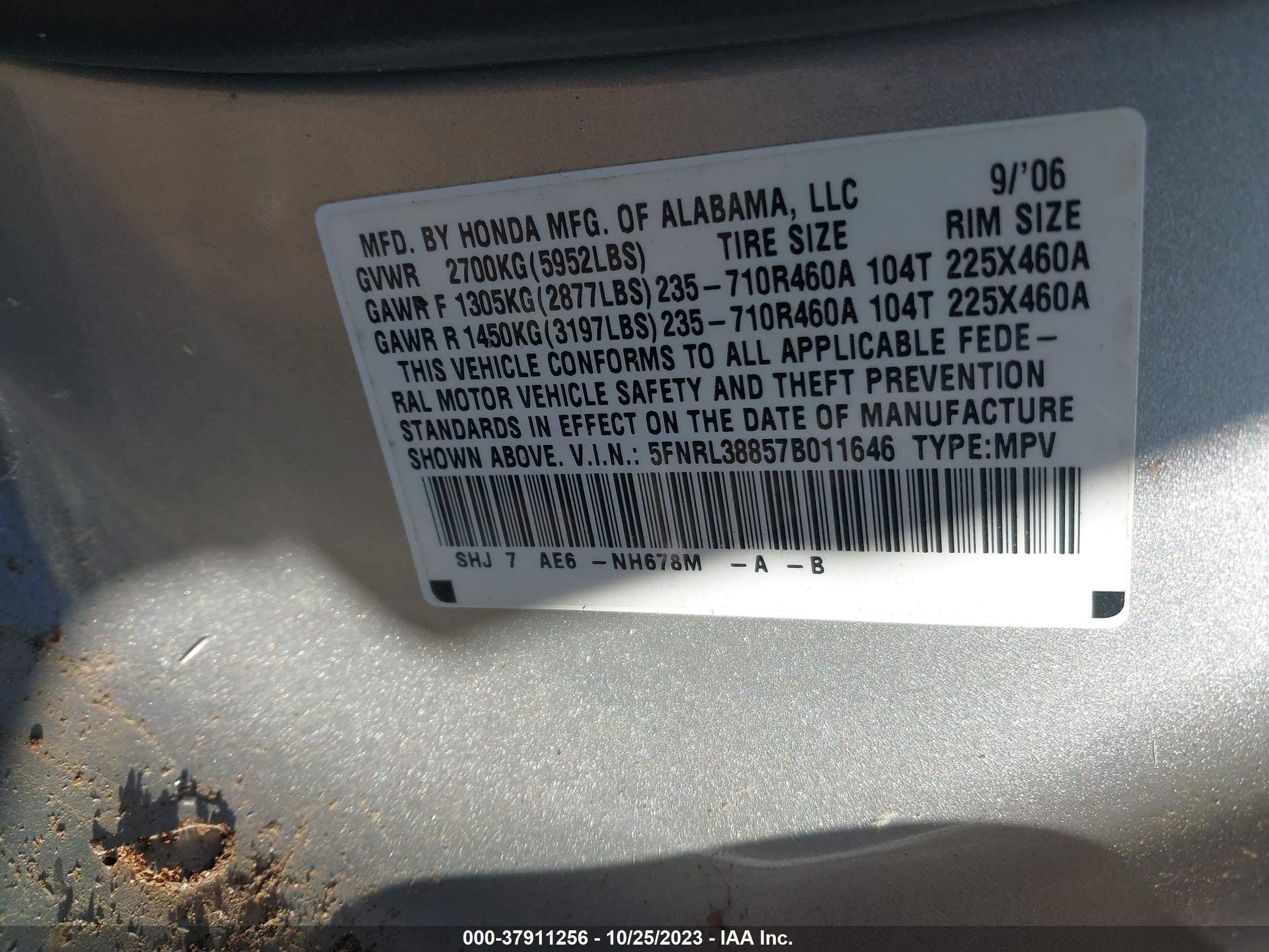 Photo 8 VIN: 5FNRL38857B011646 - HONDA ODYSSEY 