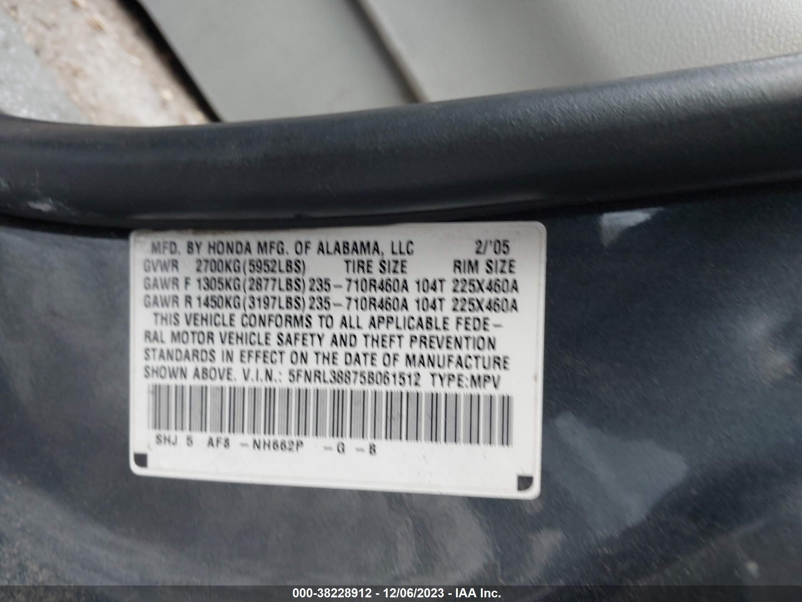 Photo 8 VIN: 5FNRL38875B061512 - HONDA ODYSSEY 