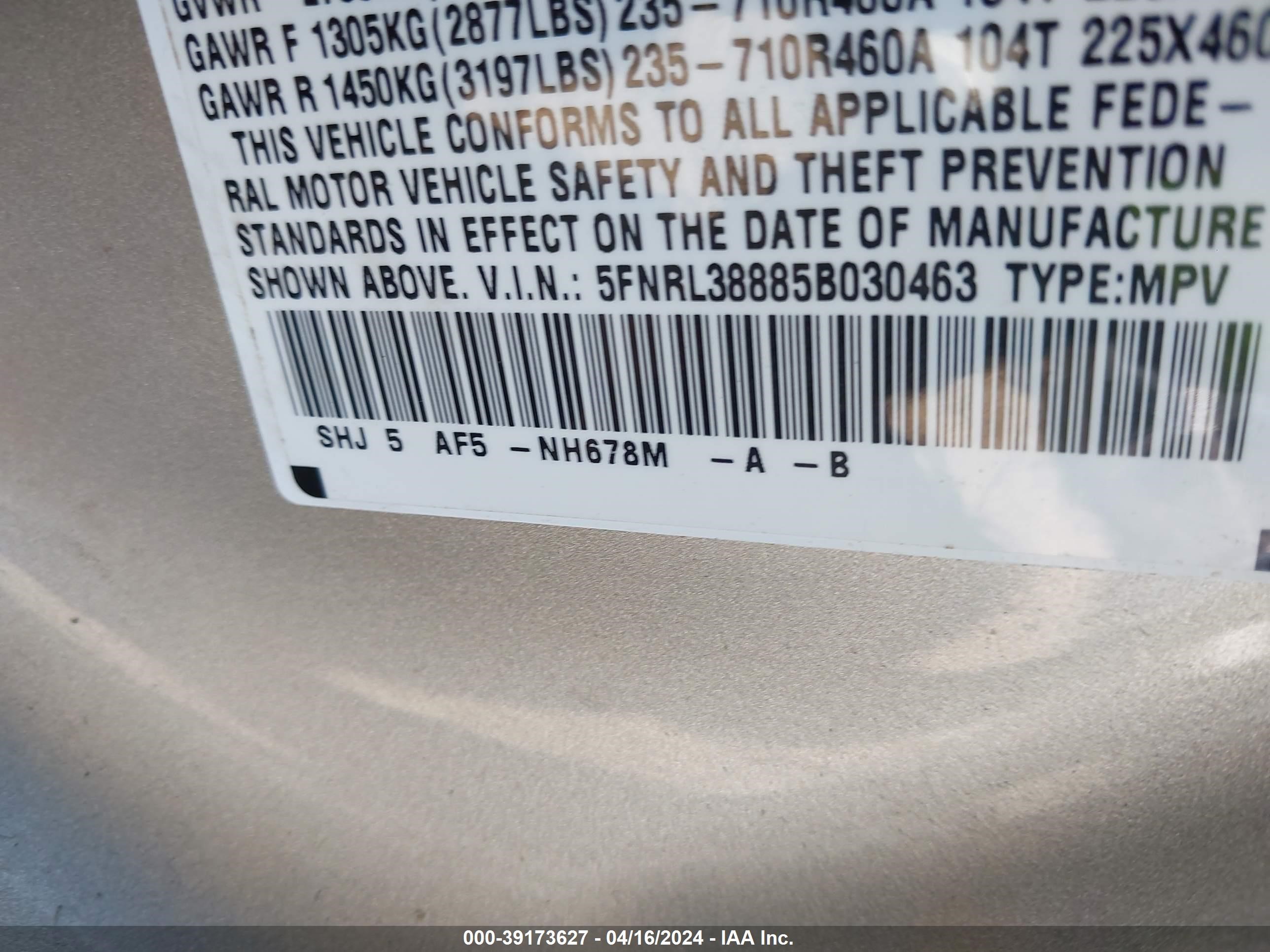 Photo 8 VIN: 5FNRL38885B030463 - HONDA ODYSSEY 