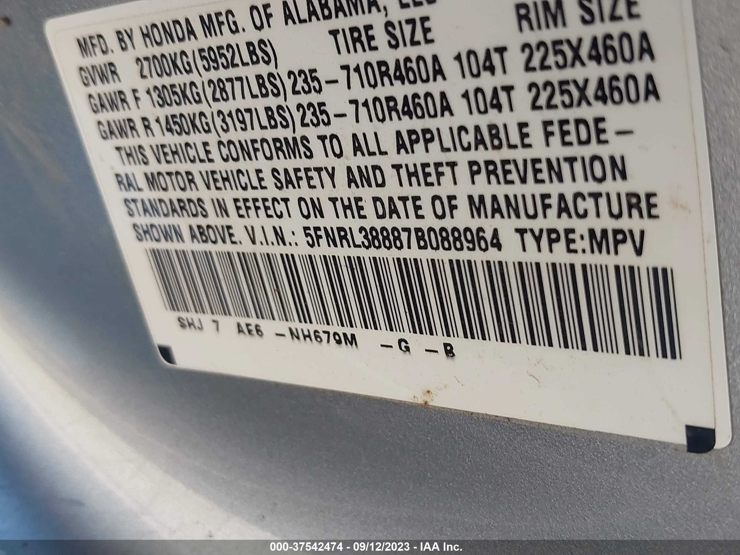 Photo 8 VIN: 5FNRL38887B088964 - HONDA ODYSSEY 