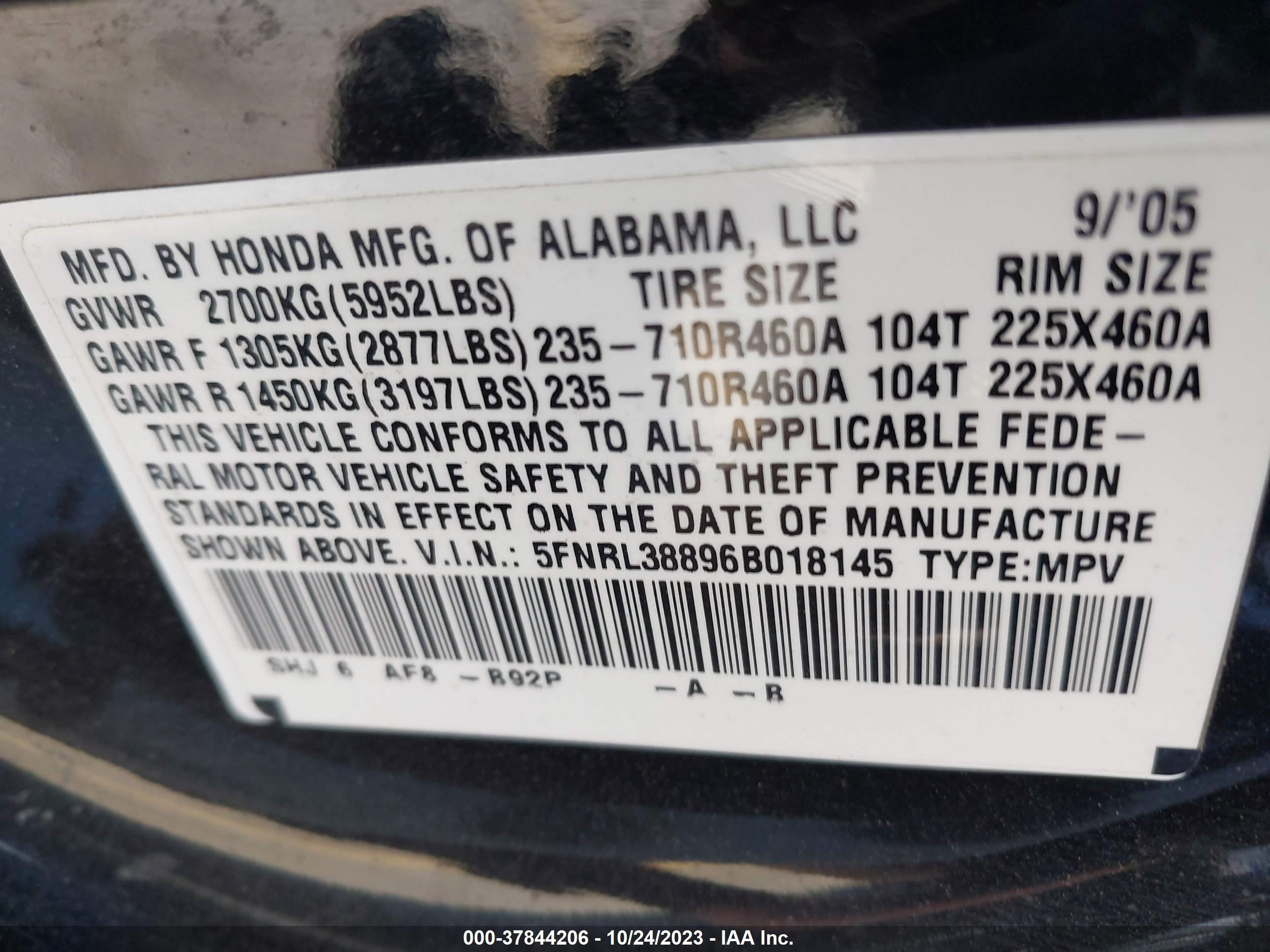 Photo 8 VIN: 5FNRL38896B018145 - HONDA ODYSSEY 