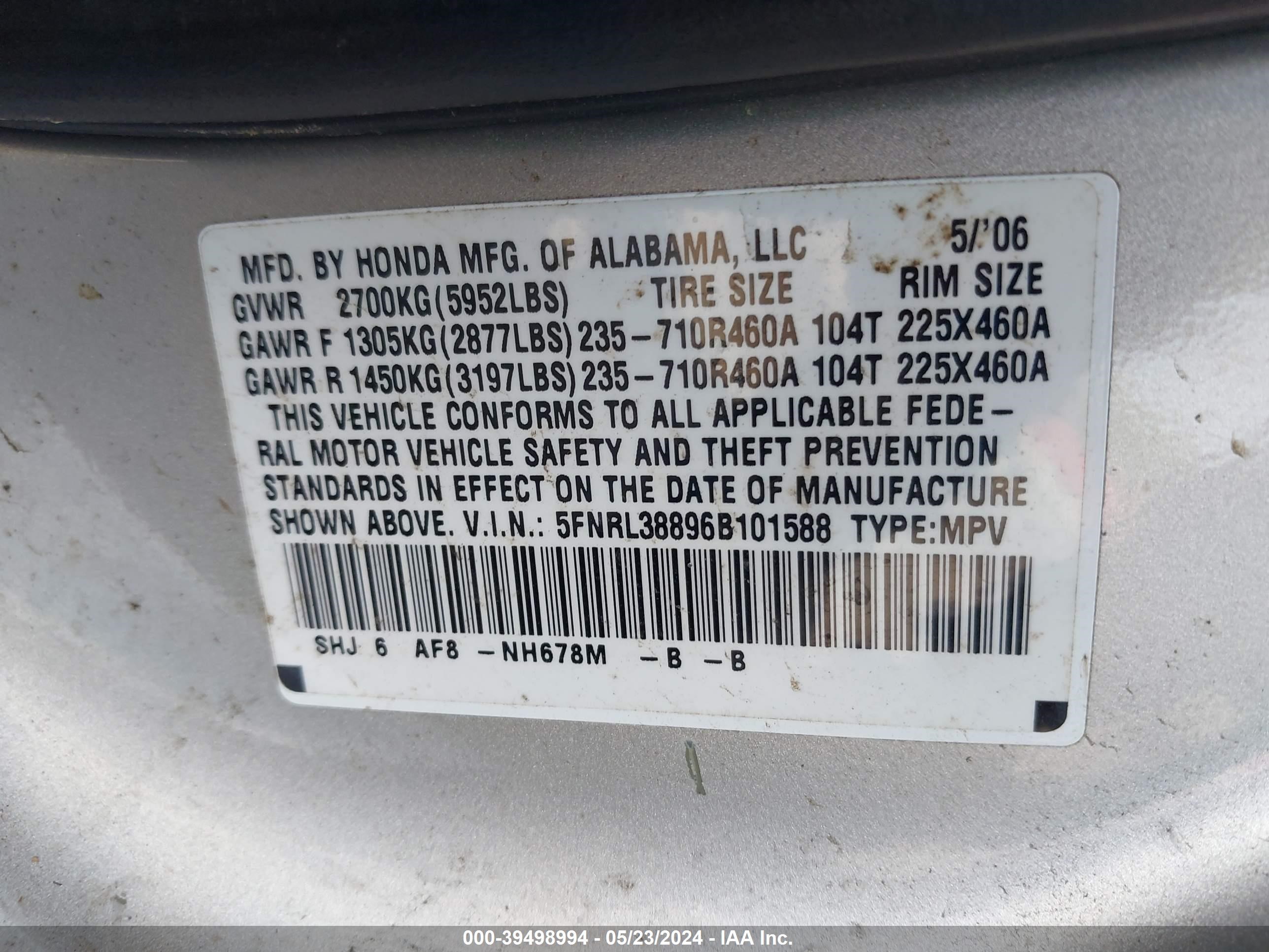 Photo 8 VIN: 5FNRL38896B101588 - HONDA ODYSSEY 