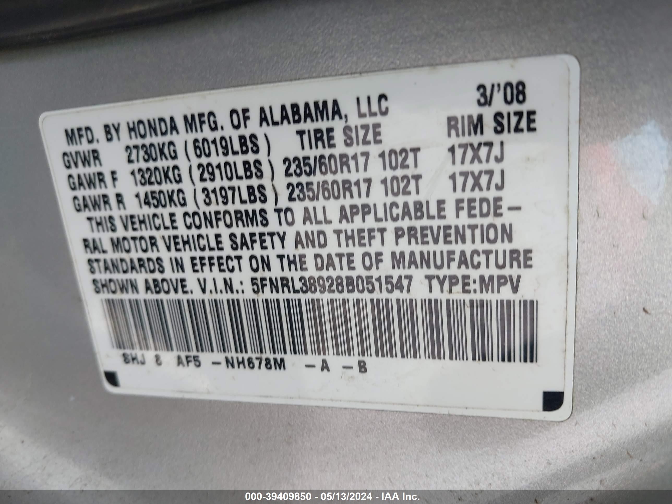 Photo 8 VIN: 5FNRL38928B051547 - HONDA ODYSSEY 