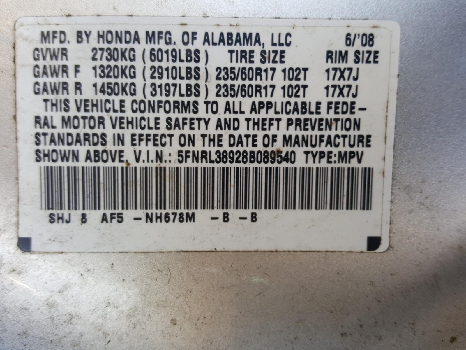 Photo 9 VIN: 5FNRL38928B089540 - HONDA ODYSSEY TO 