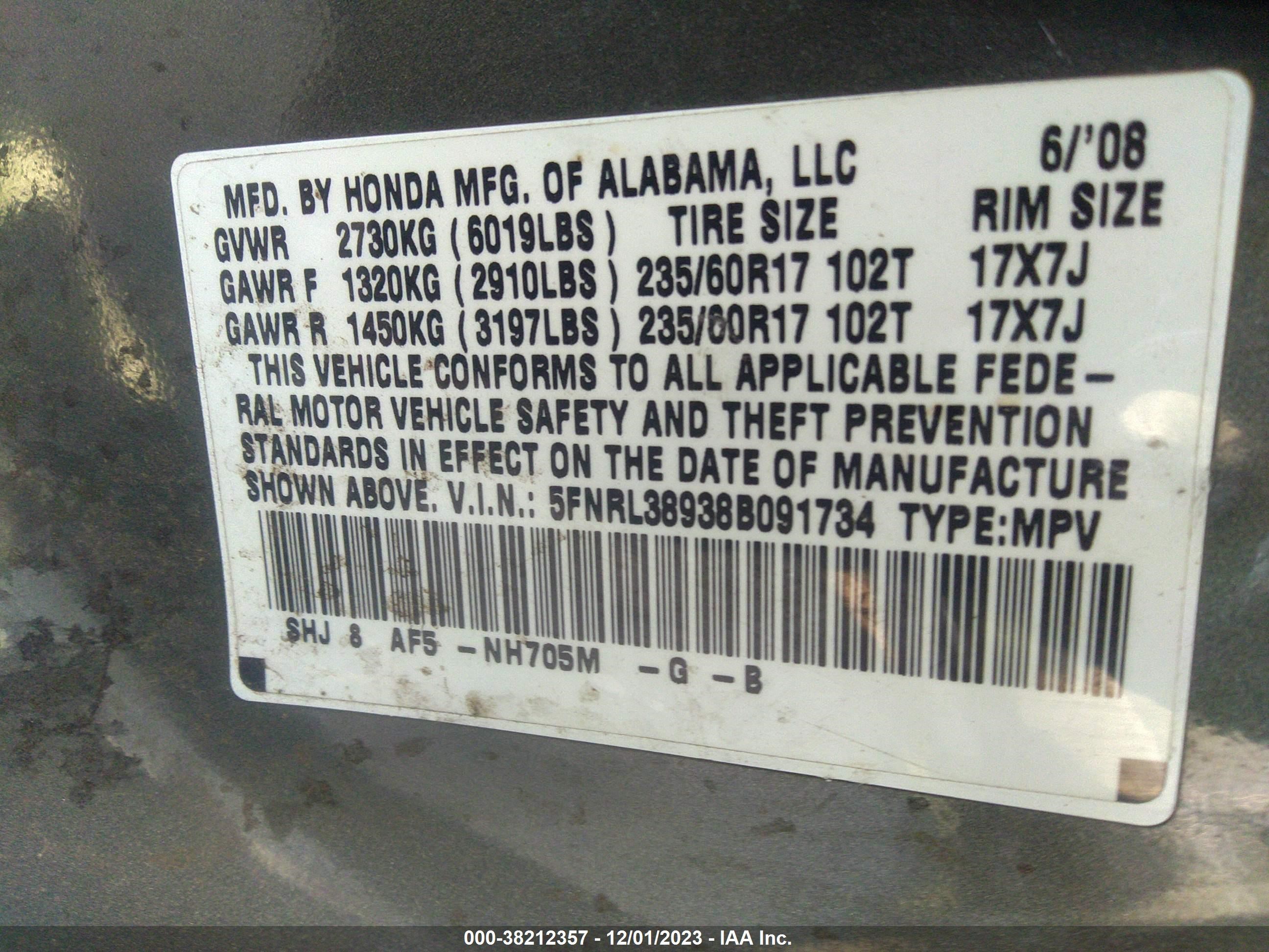 Photo 8 VIN: 5FNRL38938B091734 - HONDA ODYSSEY 