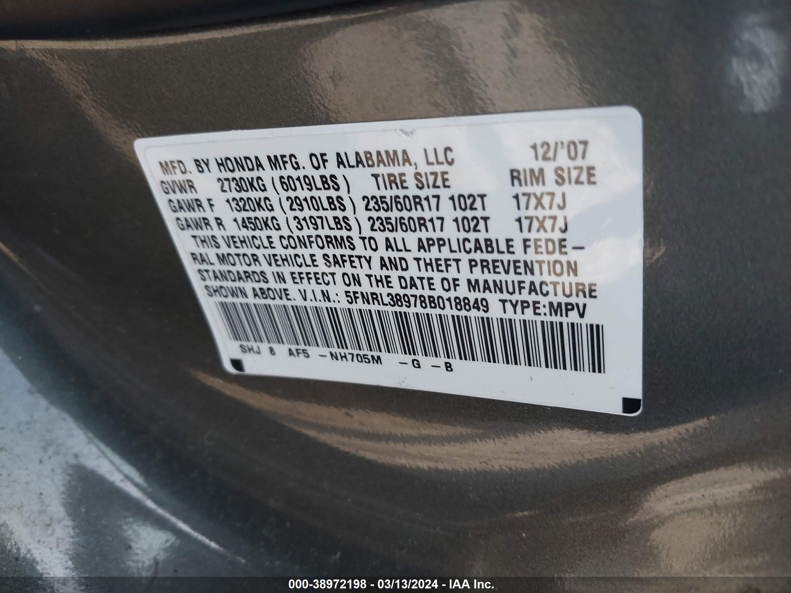 Photo 8 VIN: 5FNRL38978B018849 - HONDA ODYSSEY 