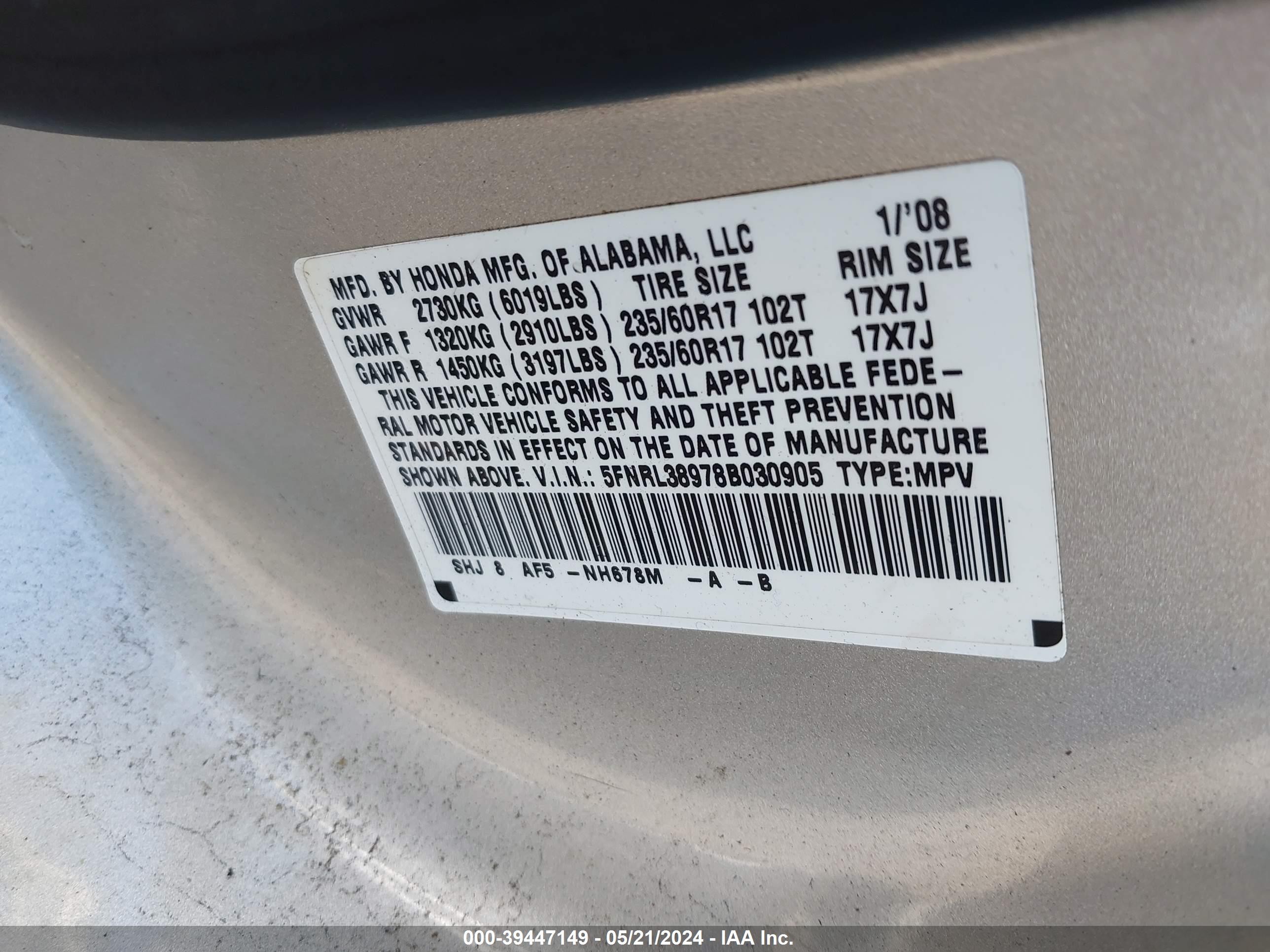 Photo 8 VIN: 5FNRL38978B030905 - HONDA ODYSSEY 