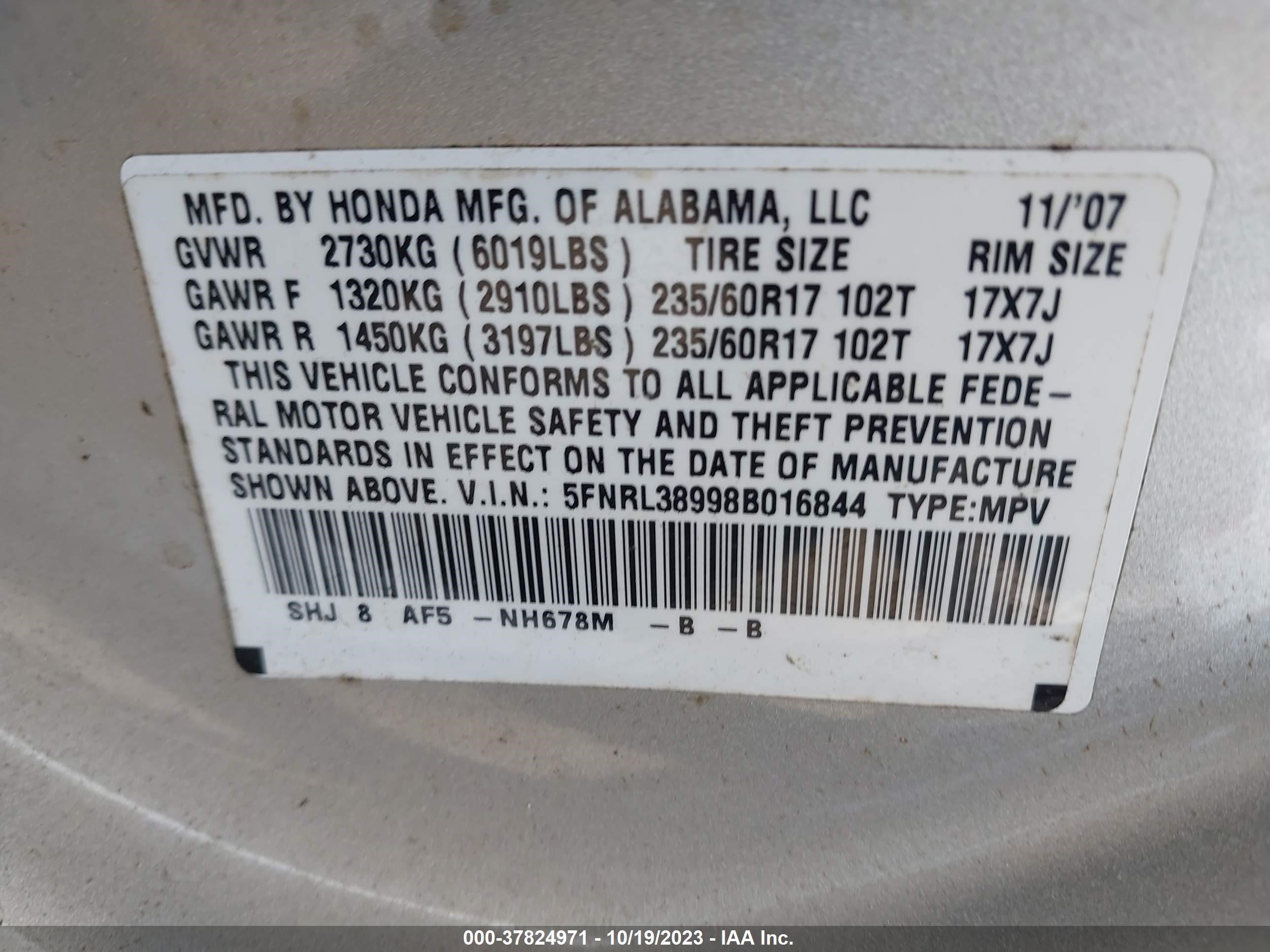 Photo 8 VIN: 5FNRL38998B016844 - HONDA ODYSSEY 