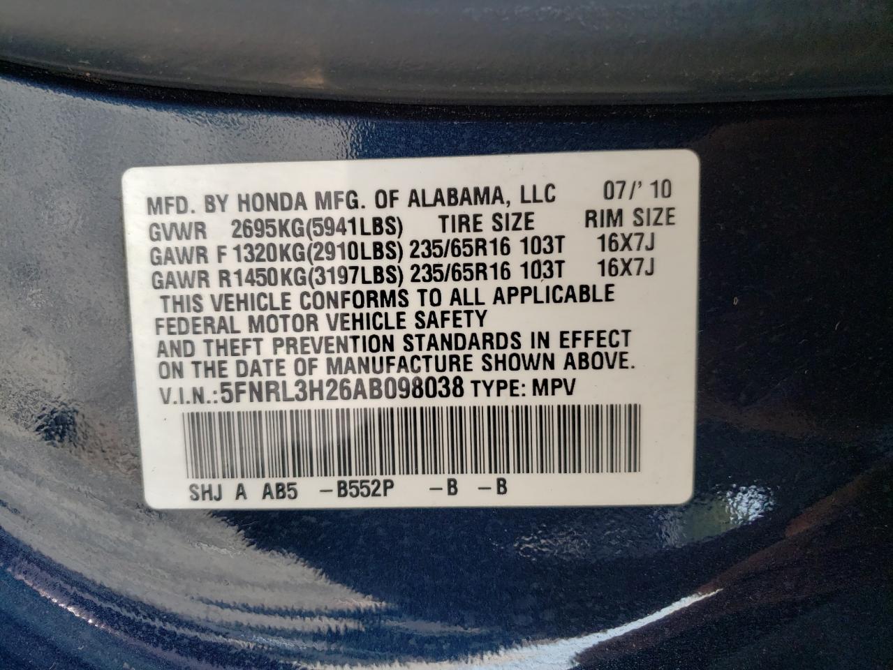 Photo 12 VIN: 5FNRL3H26AB098038 - HONDA ODYSSEY 