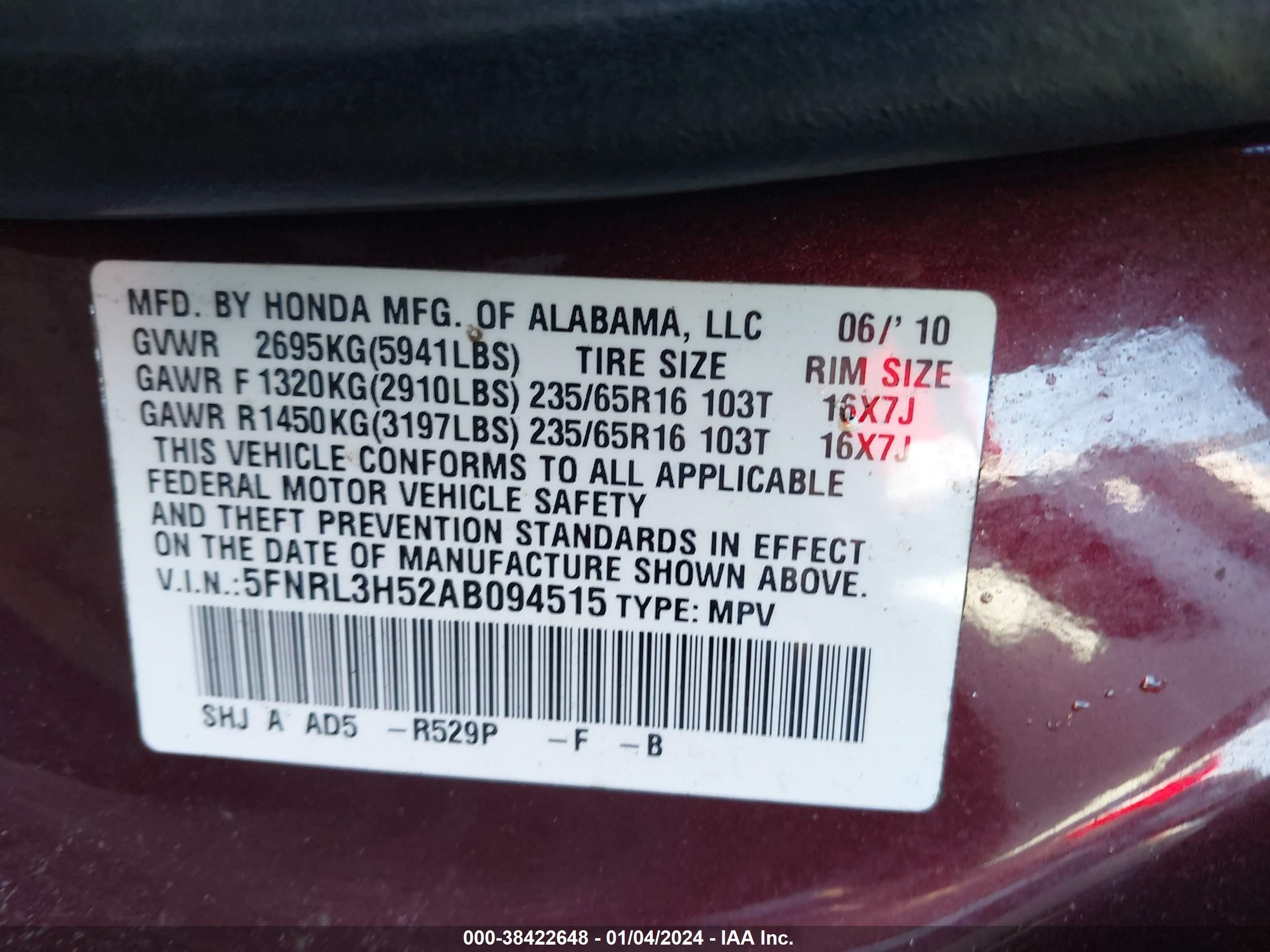 Photo 8 VIN: 5FNRL3H52AB094515 - HONDA ODYSSEY 