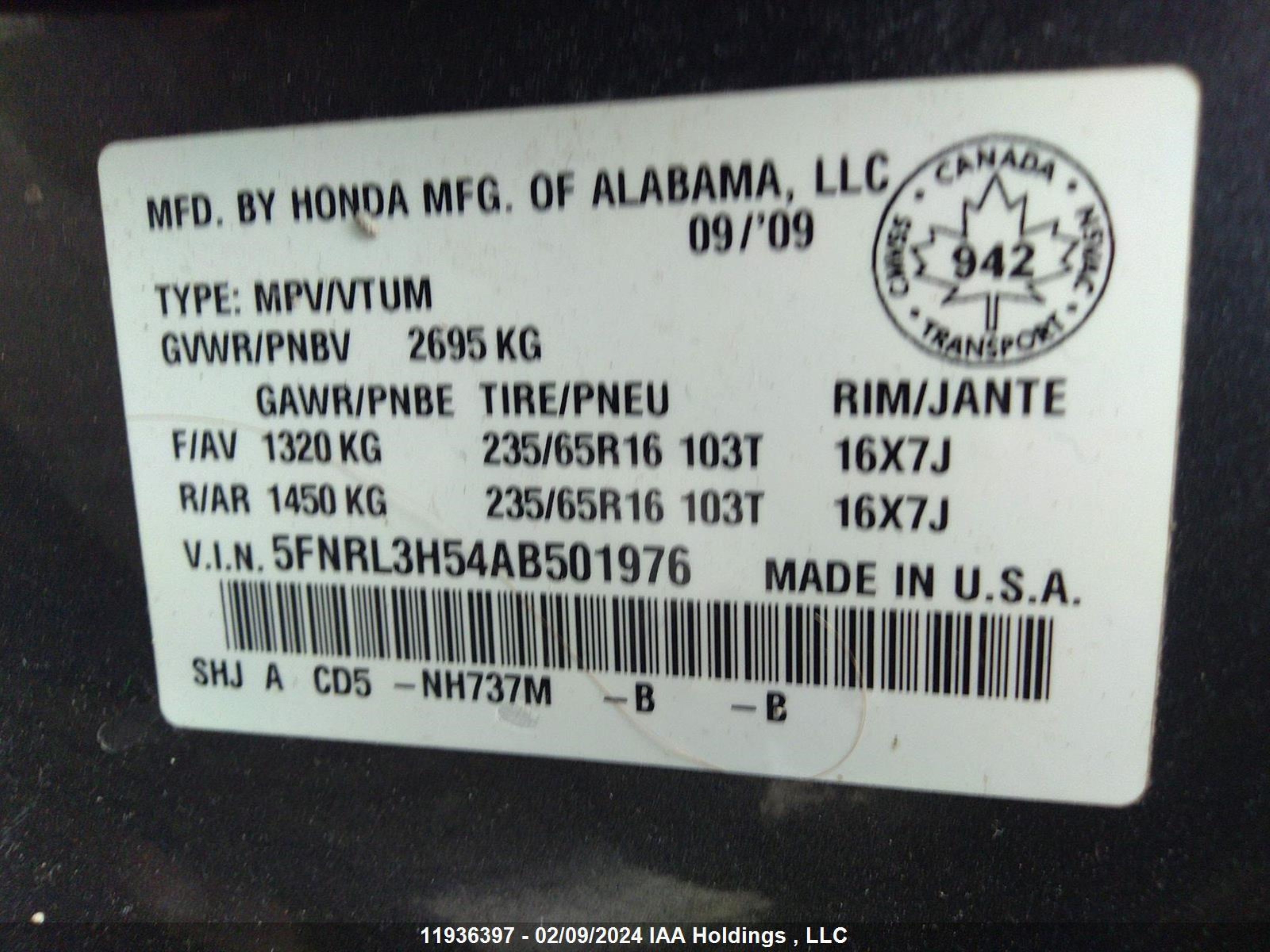 Photo 8 VIN: 5FNRL3H54AB501976 - HONDA ODYSSEY 